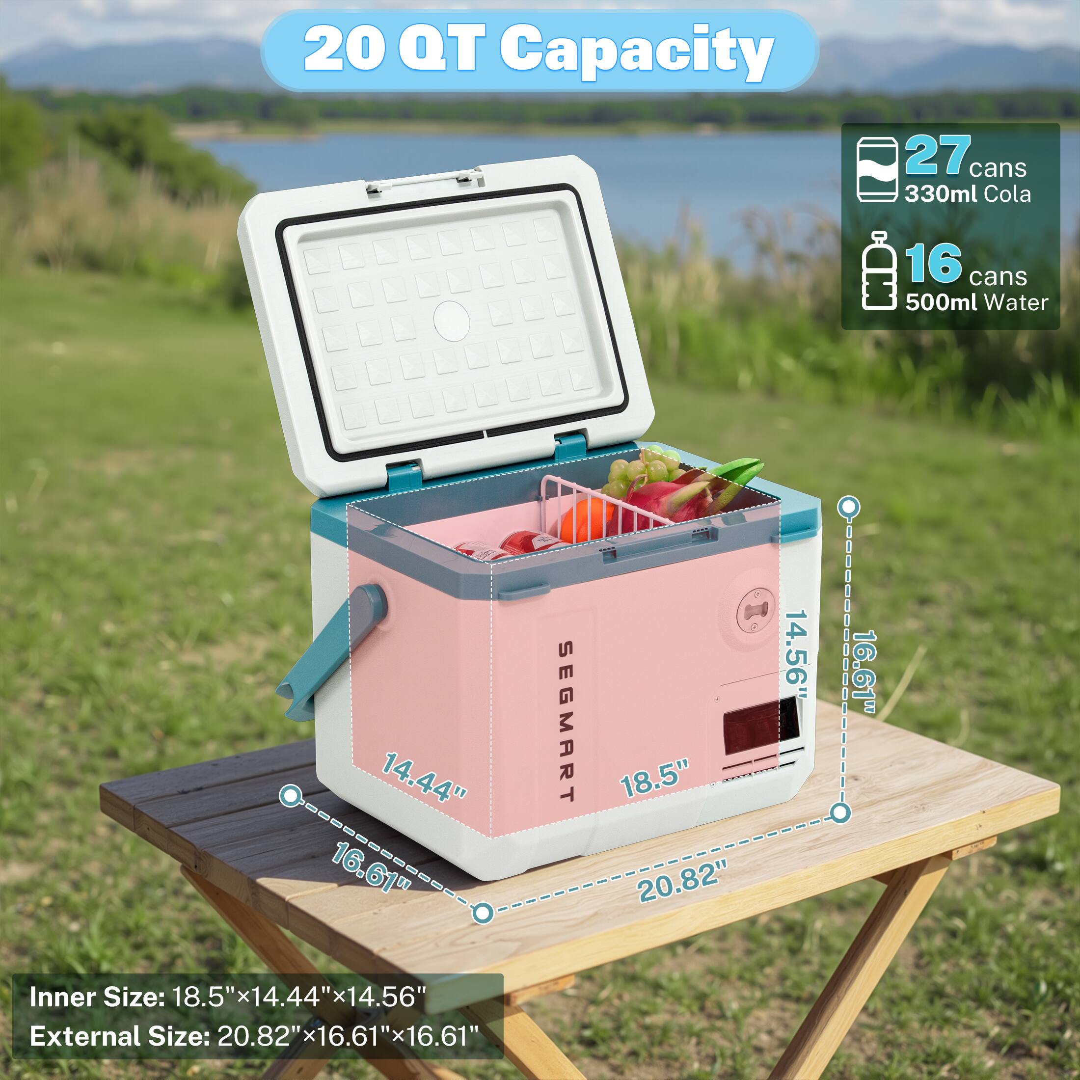 20 QT Capacity  
27 cans 330ml Cola  
16 cans 500ml Water  

Inner Size: 18.5" x 14.44" x 14.56"  
External Size: 20.82" x 16.61" x 16.61"