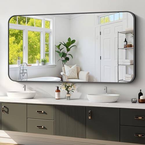 Front. Hirose Alice - Framed Bathroom Mirror Shatterproof Glass Hd No Distortion Horizontal vertical Mount Modern Matte Aluminu....