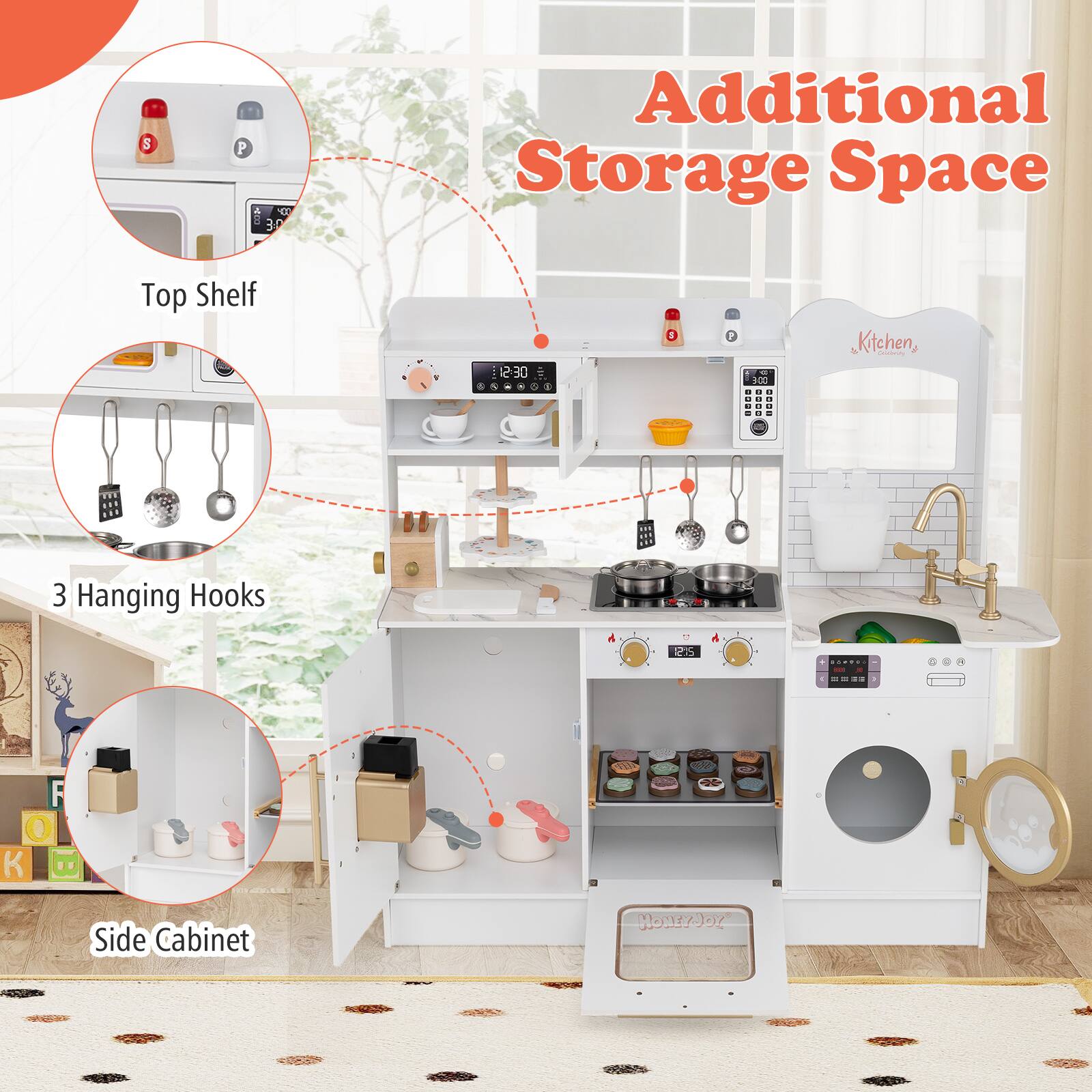 Additional Storage Space

- Top Shelf
- 3 Hanging Hooks
- Side Cabinet

Kitchen