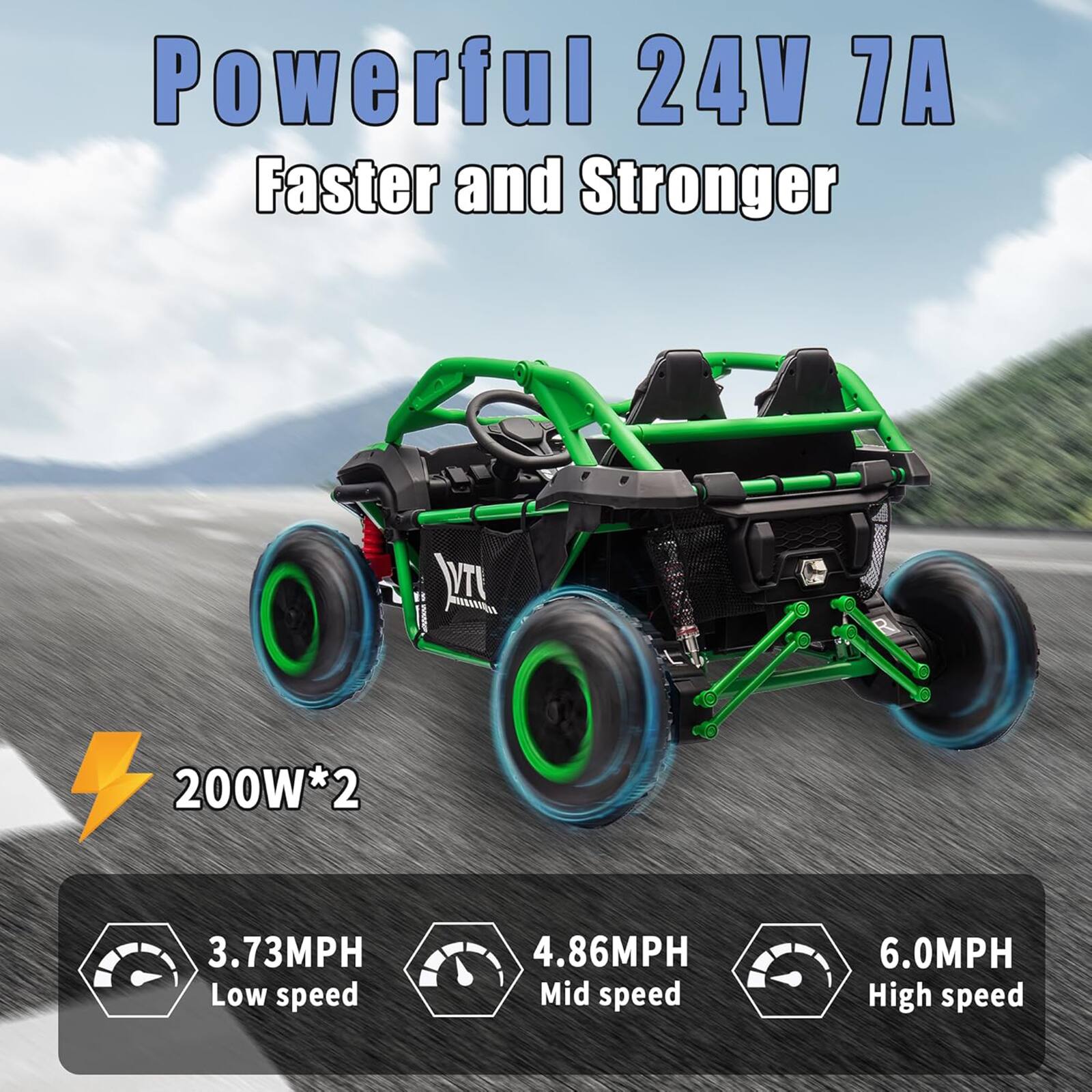 Powerful 24V 7A  
Faster and Stronger  

200W*2  

3.73MPH Low speed  
4.86MPH Mid speed  
6.0MPH High speed