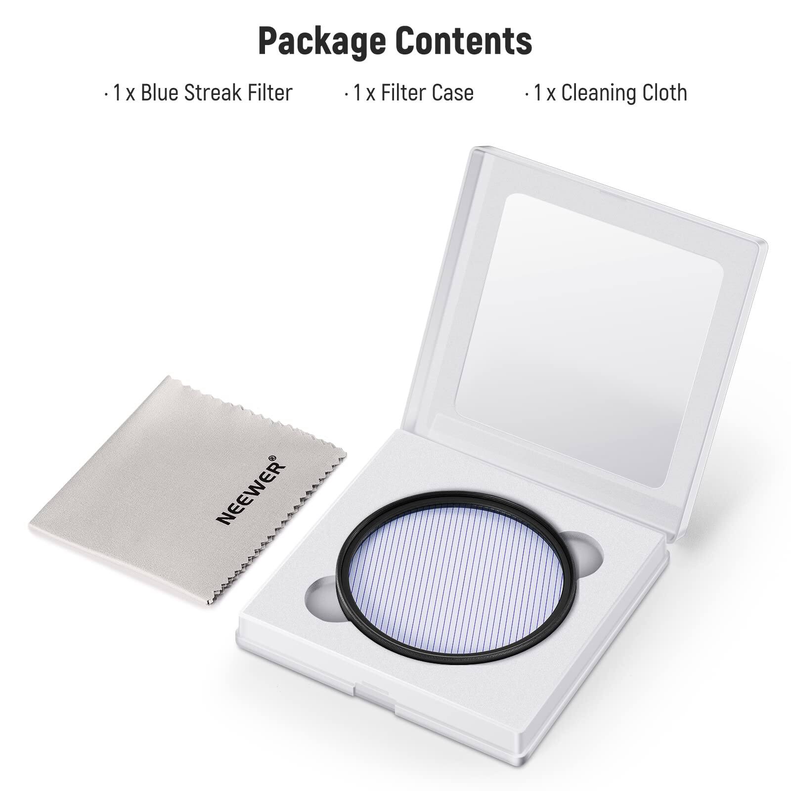 Package Contents

- 1 x Blue Streak Filter
- 1 x Filter Case
- 1 x Cleaning Cloth