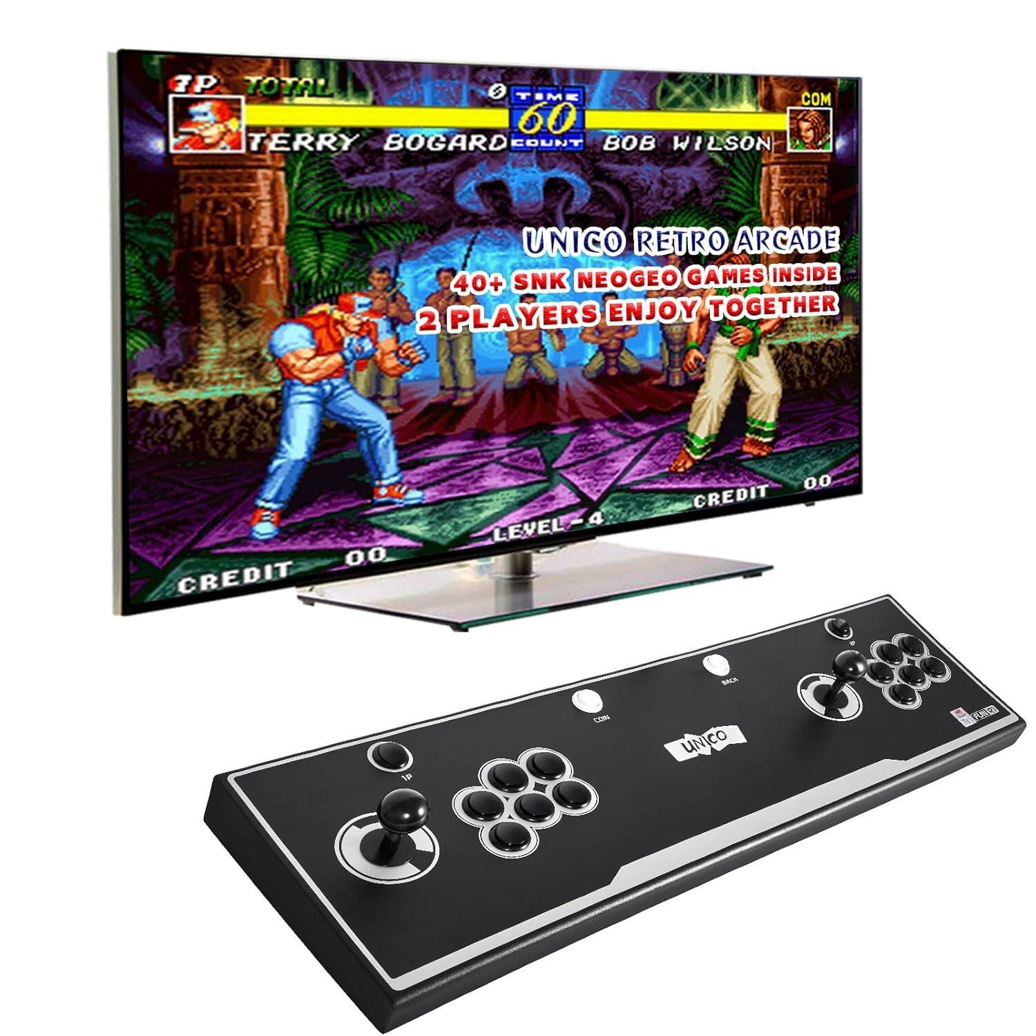 UNICO RETRO ARCADE  
40+ SNK NEOGEO GAMES INSIDE  
2 PLAYERS ENJOY TOGETHER  
TIME 60  
COUNT  
TERRY BOGARD  
BOB WILSON  
CREDIT 00  
LEVEL 00  
CREDIT 00