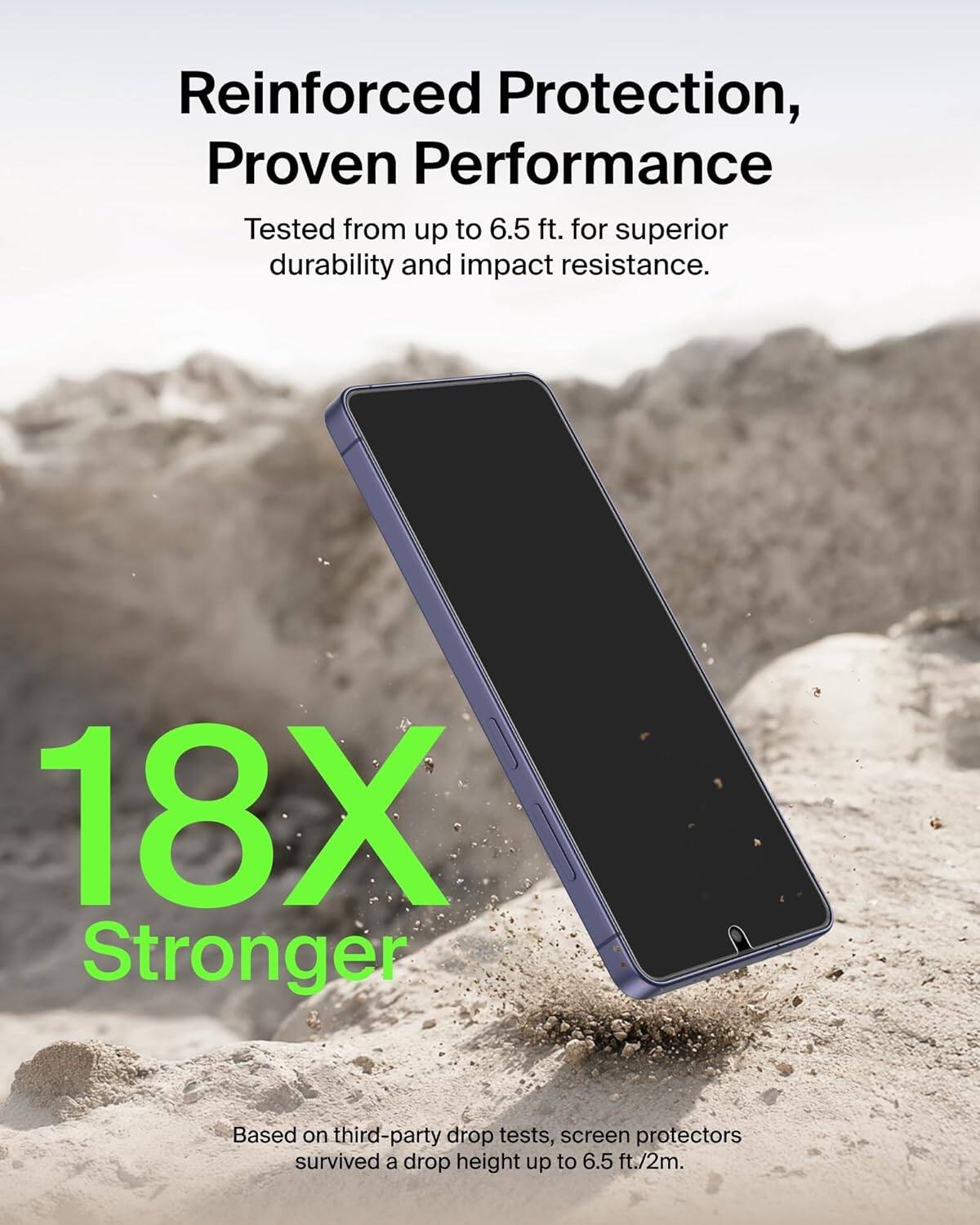 Reinforced Protection, Proven Performance  
Tested from up to 6.5 ft. for superior durability and impact resistance.  

18X Stronger  
Based on third-party drop tests, screen protectors survived a drop height up to 6.5 ft./2m.