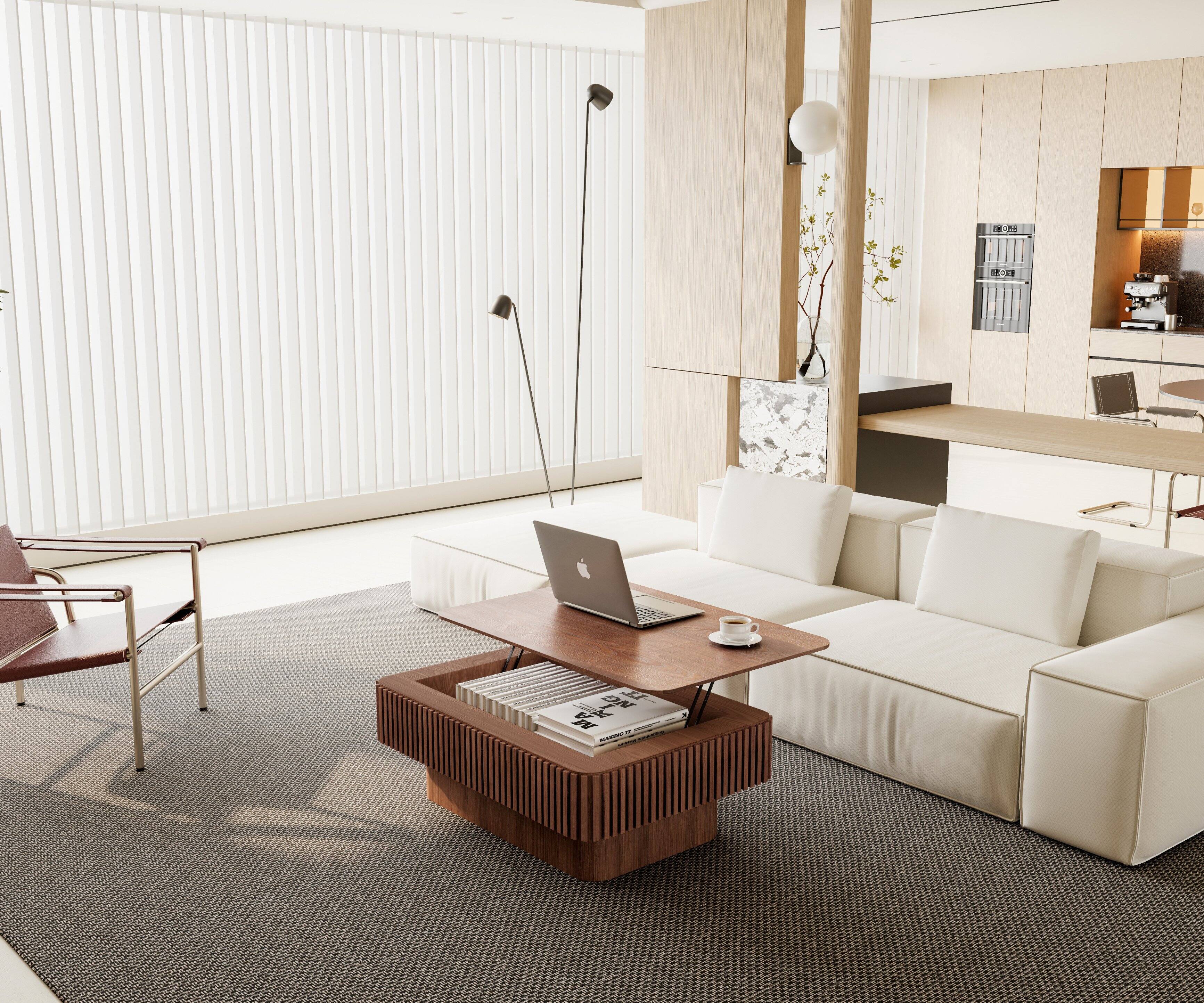 Alt View 2. Loheer - Loheer Walnut Lift Top Coffee Table Fluted Wood Storage Center Table Adjustable Height - Walnut.