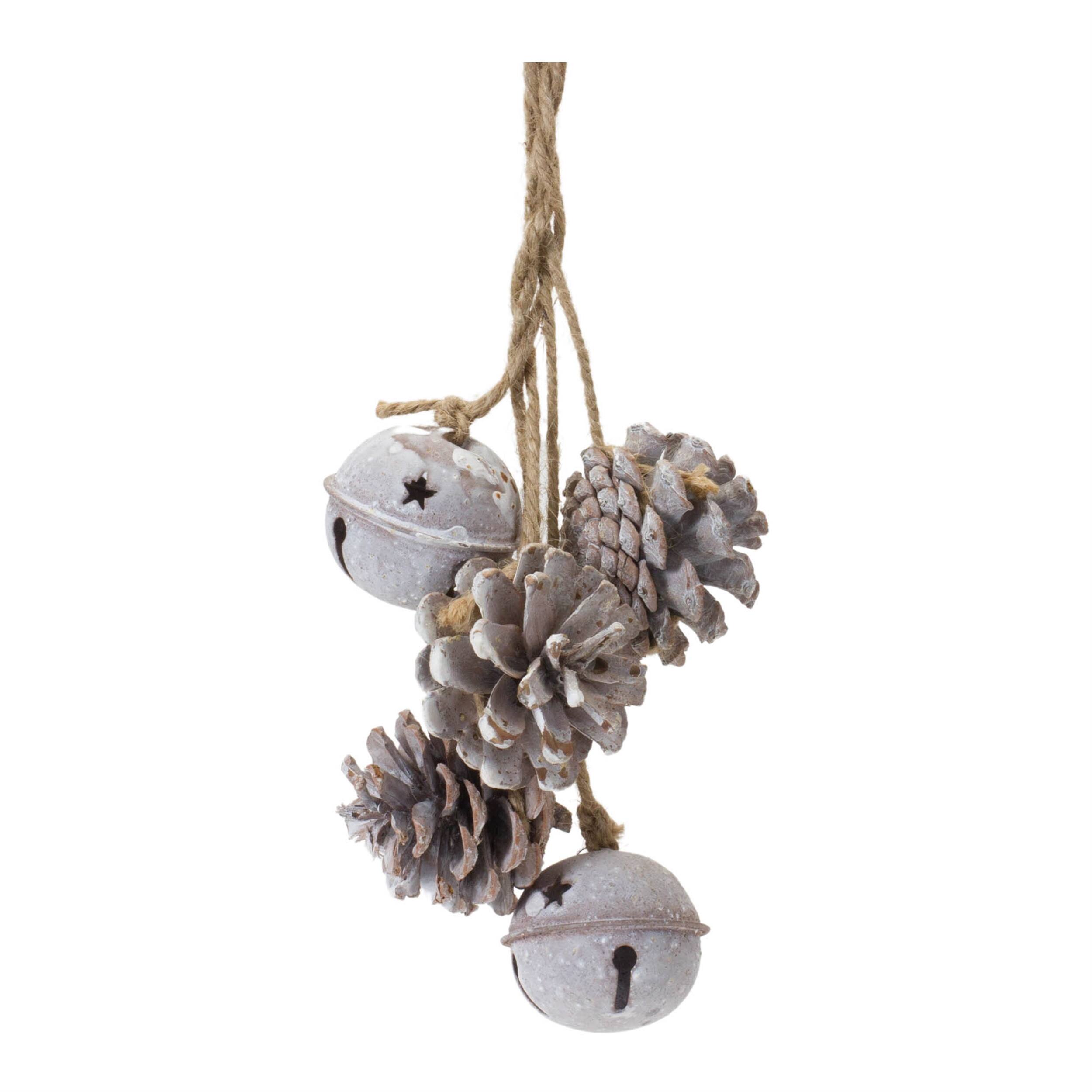 Angle. BreeBe - Bell And Pine Cone Ornament (Set of 6) - Brown, White.