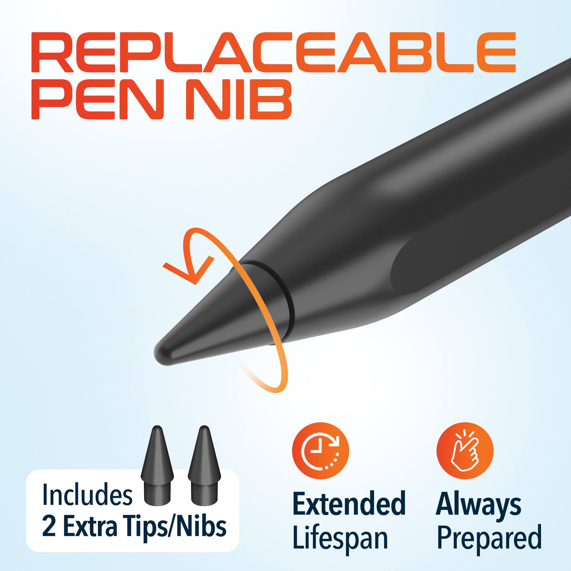 REPLACEABLE PEN NIB

Includes 2 Extra Tips/Nibs

Extended Lifespan

Always Prepared