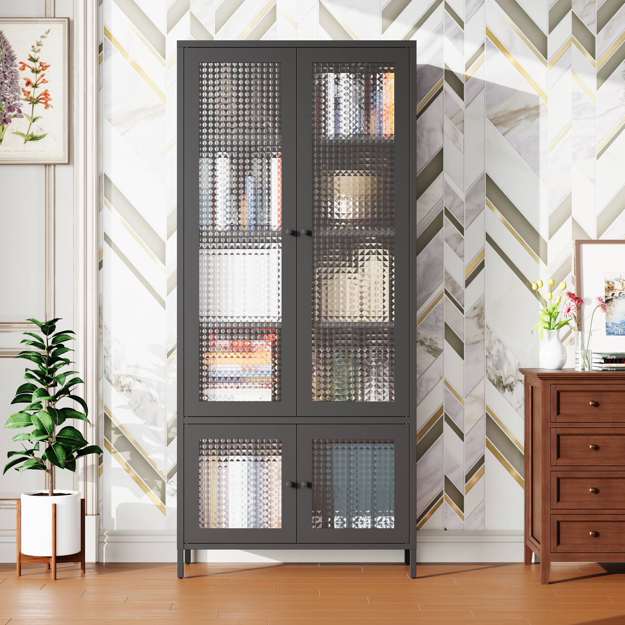 Left. GOODSILO - Large Metal & Glass Display Cabinet - 4 Doors, 5 Shelves, Black - Black.
