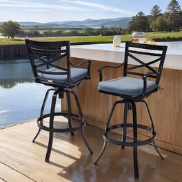 Crestlive Products - Sunbrella Cast Aluminum Set 2 Black Swivel Bar Stool Chair Blue Cushioned Seat - Blue-2PC