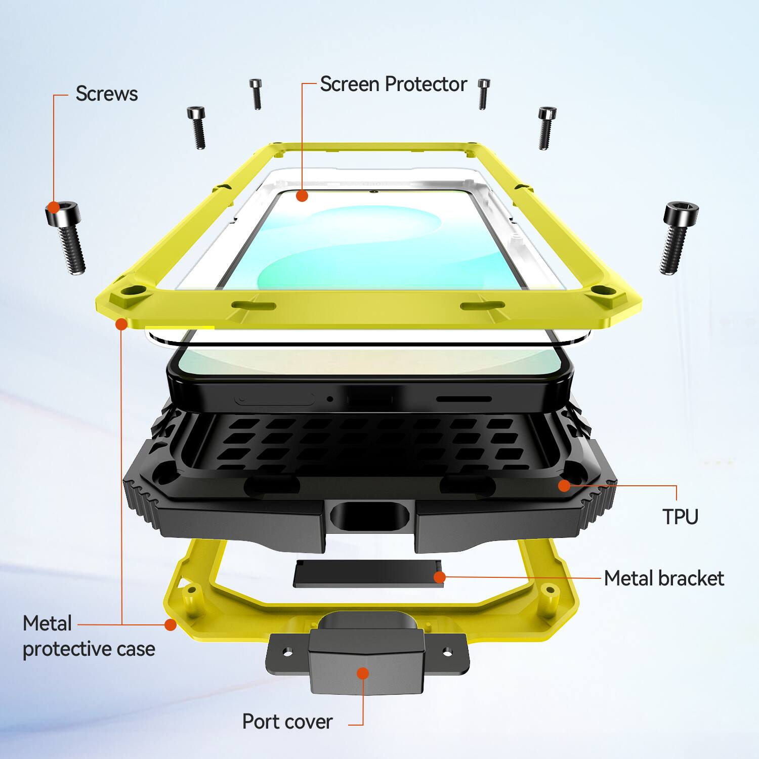 Screws  
Screen Protector  
TPU  
Metal bracket  
Metal protective case  
Port cover