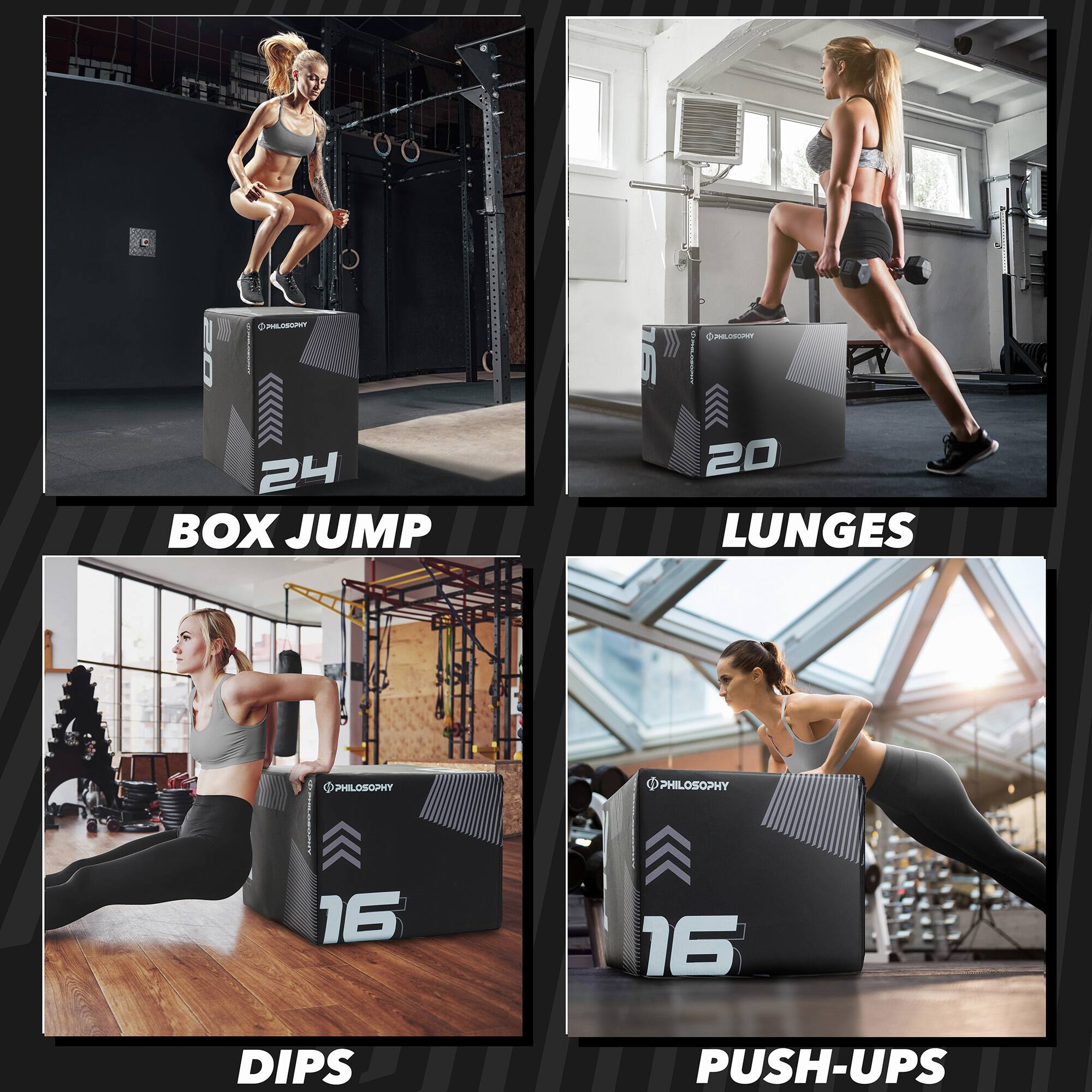 PY MLEOT 24 BOX JUMP 20 LUNGES PHILOSOPHY 16 16 DIPS PUSH-UPS