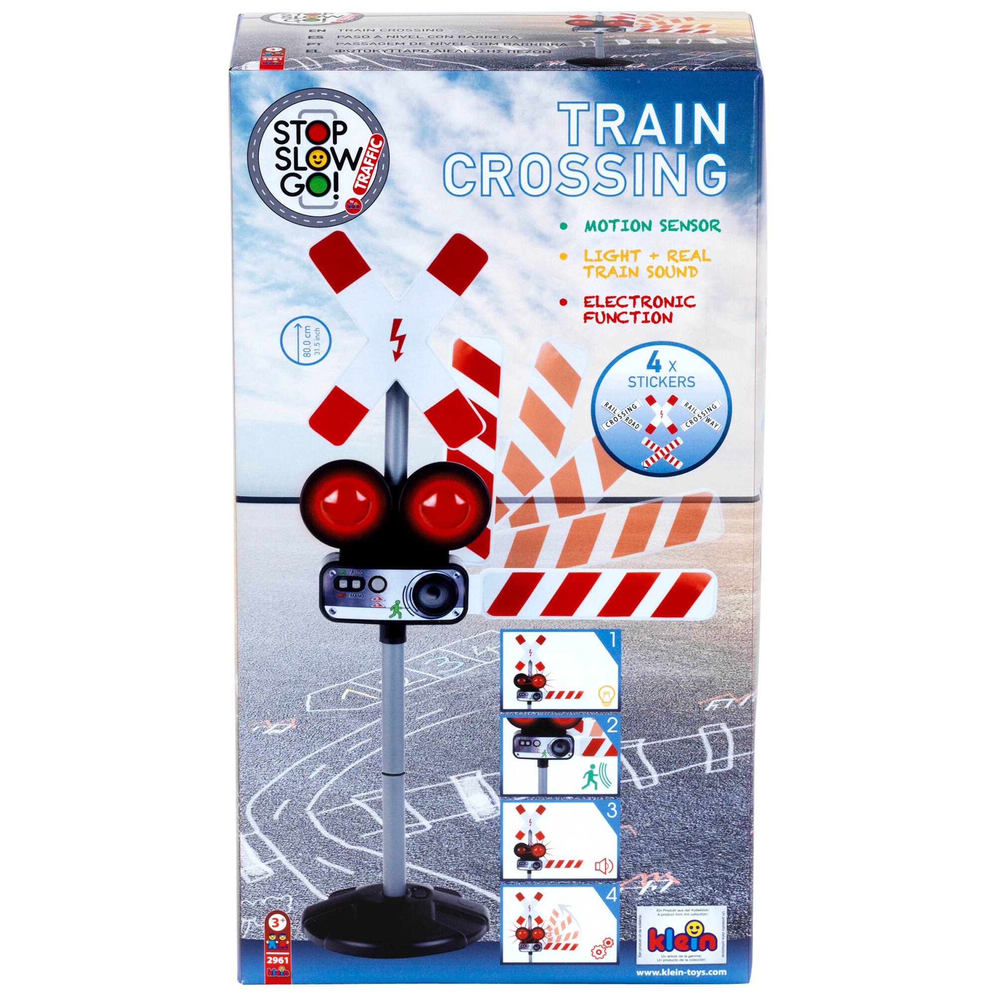 TRAIN CROSSING MOTION SENSOR LIGHT + REAL TRAIN SOUND 5 1 80.0cm  SH ELECTRONIC FUNCTION 4 x STICKERS * 15C sa CROSSING sal Ea 1 2 3 3 - 2961 4 : 1 : | klein : .. | [www.klein-toys.com](http://www.klein-toys.com)