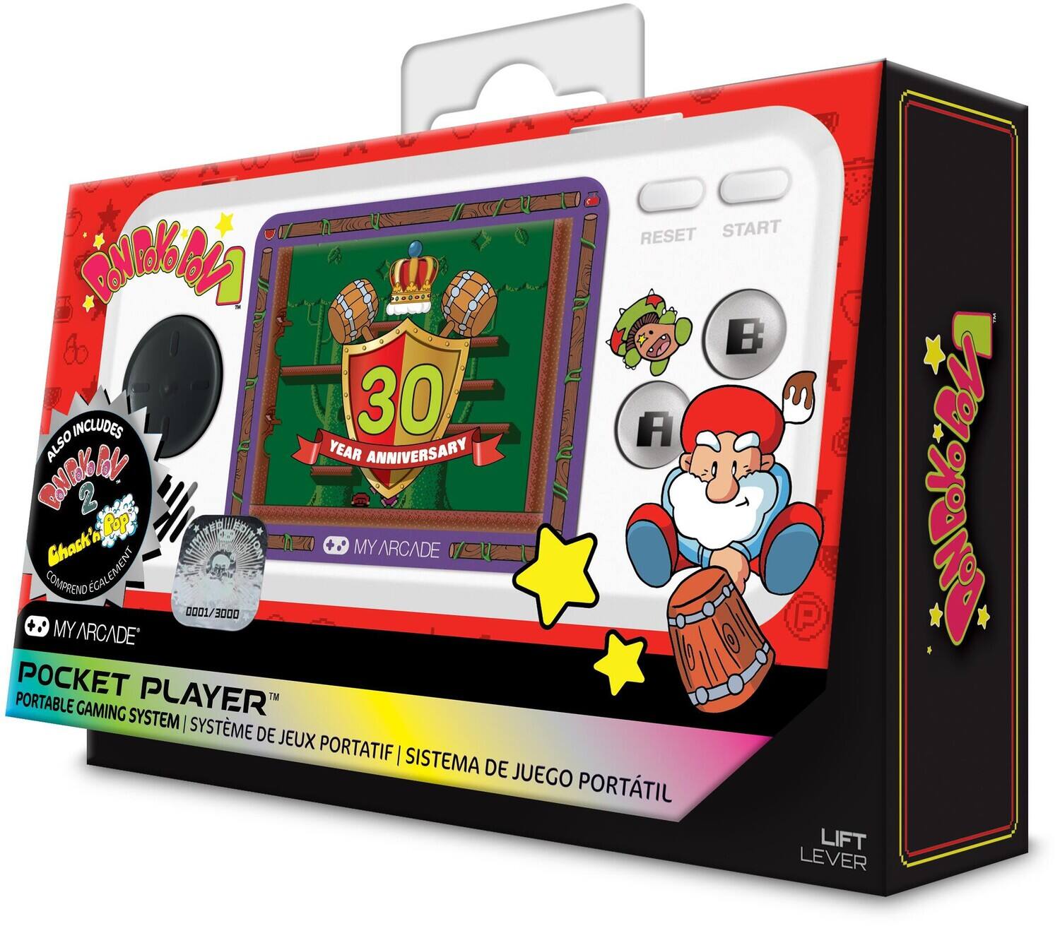 **Front of the Box:**

- **Top Left Corner:**
  - "Donkey Kong"

- **Center:**
  - "30 Year Anniversary"
  - "Donkey Kong 2"
  - "Crunchy Kong"

- **Bottom Left Corner:**
  - "My Arcade"
  - "Pocket Player™"
  - "Portable Gaming System | Système de Jeux Portatif | Sistema de Juego Portátil"

- **Bottom Center:**
  - "0001/3000"

- **Bottom Right Corner:**
  - "Lift Lever"

**Left Side of the Box:**

- "Also Includes"
  - "Donkey Kong 2"
  - "Crunchy Kong"
  - "Comprend Egalement"
  - "Incluye"

**Right Side of the Box:**

- "Donkey Kong"

**Top of the Box:**

- "Reset Start"

**Buttons on the Device:**

- "Reset"
- "Start"
- "A"
- "B"

**Additional Text:**

- "My Arcade"