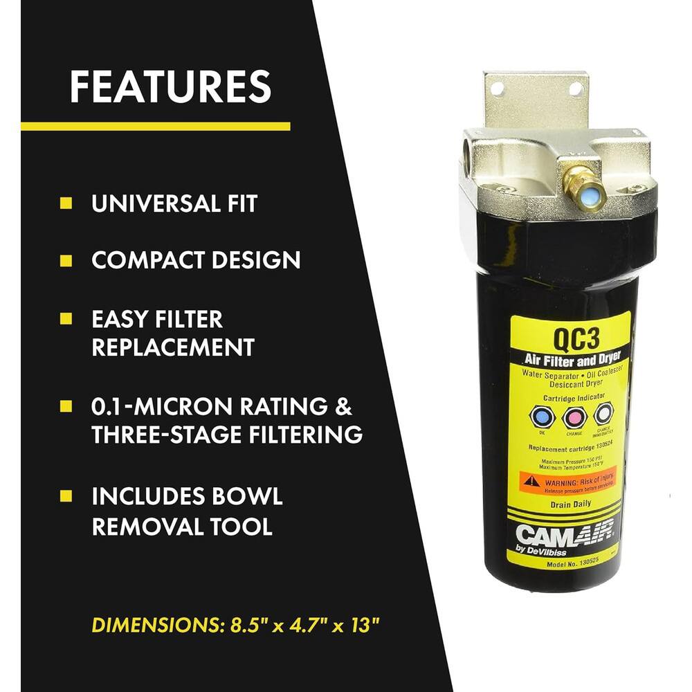 FEATURES  
- UNIVERSAL FIT  
- COMPACT DESIGN  
- EASY FILTER REPLACEMENT  
- 0.1-MICRON RATING & THREE-STAGE FILTERING  
- INCLUDES BOWL REMOVAL TOOL  

QC3 Air Filter and Dryer Water Separator - Oil Coalescer Desiccant Dryer Cartridge Indicator - Replacement cartridge  

152 PET Meuireum Pressure Mactum mdeonoie Risk o WARNING Reience p Drain Daily  

CAM by DeVilbiss Model No. 130525  

DIMENSIONS: 8.5" x 4.7" x 13"