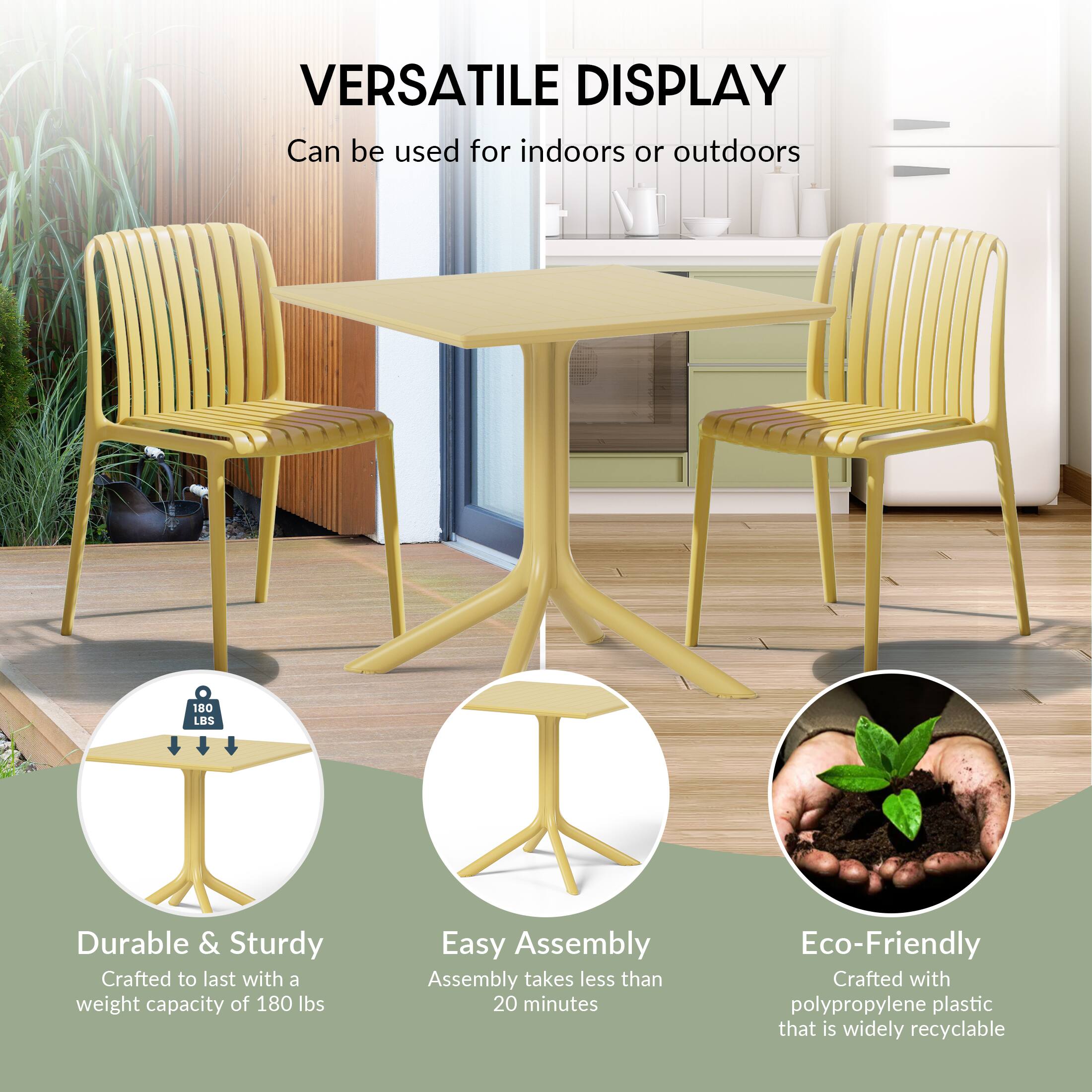 VERSATILE DISPLAY  
Can be used for indoors or outdoors  

Durable & Sturdy  
Crafted to last with a weight capacity of 180 lbs  

Easy Assembly  
Assembly takes less than 20 minutes  

Eco-Friendly  
Crafted with polypropylene plastic that is widely recyclable