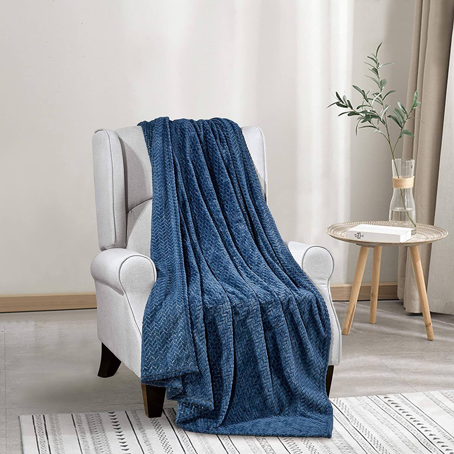 Left. Noble House - Oversized Super Cozy and Extra Heavy Chevron Braided Blanket (50" x 70") Blue - Blue.