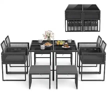 Front. Costway - Costway 9 PCS Patio Dining Set with PE Rattan Chairs Tempered Glass Table and Ottomans - Black.