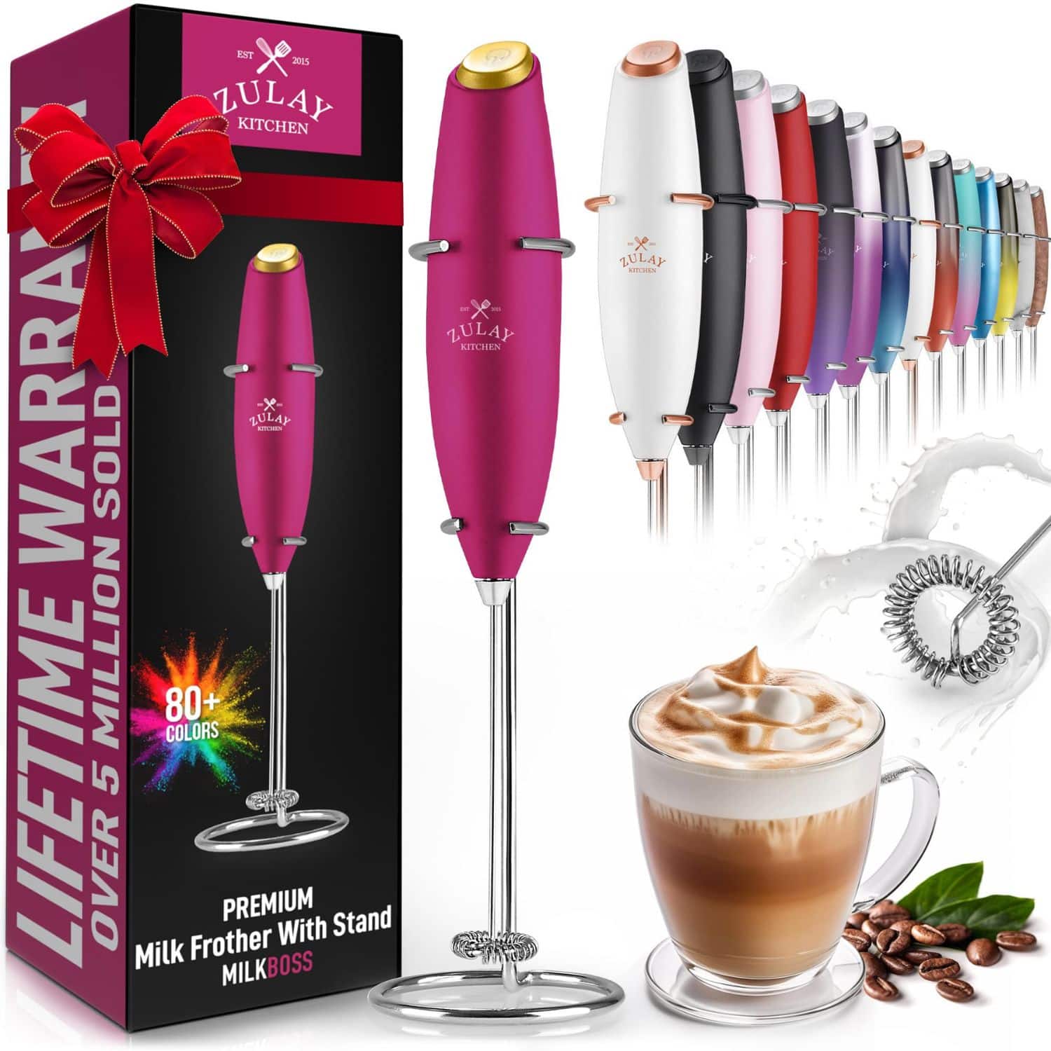 Zulay Kitchen - Powerful Milk Frother Handheld Foam Maker for Lattes by Milk Boss - Pink