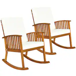 Costway - 2PCS Acacia Wood Rocking Chair Garden Lawn W/ Cushion - Teak