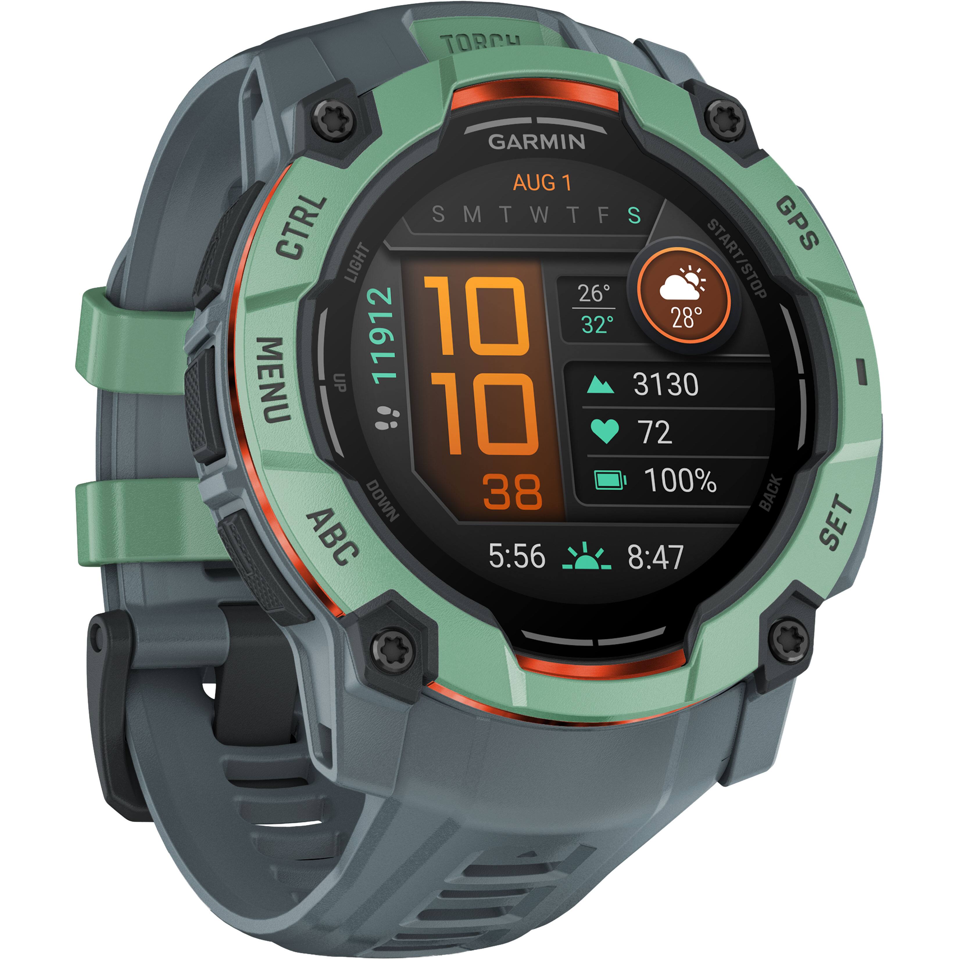 Garmin watch with a green and gray color scheme. The watch displays the time of 5:56 and the date of August 1st. The watch also has a GPS feature and a light sensor. The watch face also shows the temperature, which is 28 degrees. The watch has a menu button and a start/stop button. The watch is set to show the time in 10-minute intervals.