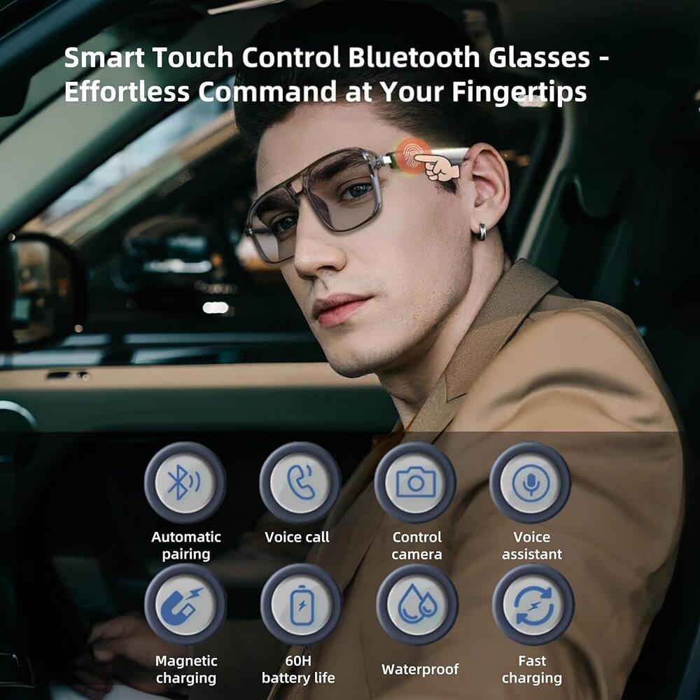 Smart Touch Control Bluetooth Glasses - Effortless Command at Your Fingertips
- Automatic pairing
- Voice call
- Control camera
- Voice assistant
- Magnetic charging
- 60H battery life
- Waterproof
- Fast charging