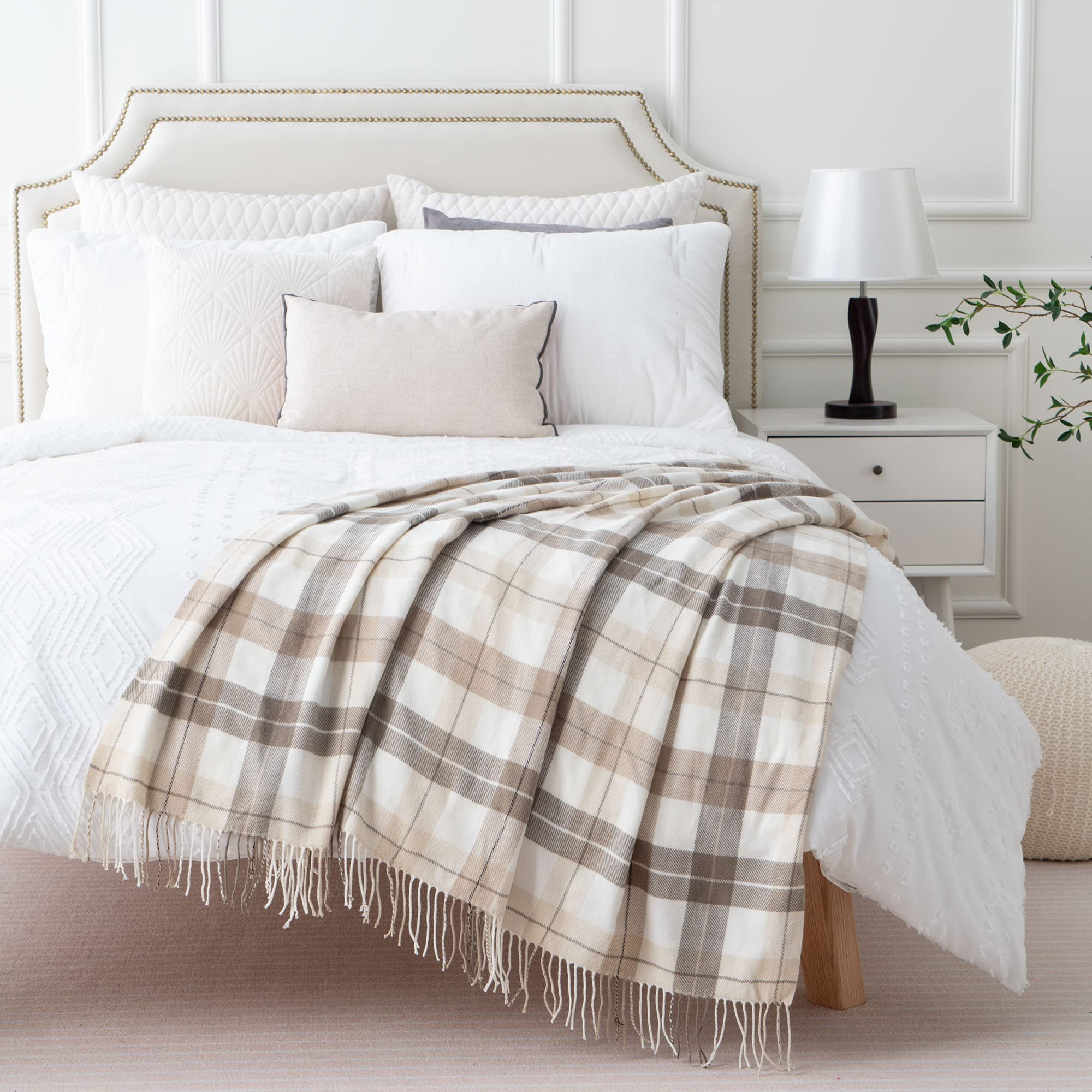 Alt View 2. Pacoar Cade - Fall Plaid Throw Blanket For Couch Farmhouse Checkered Decor Lightweight Beige Blankets Bed Sofa Neutral x What You - Grey&white.