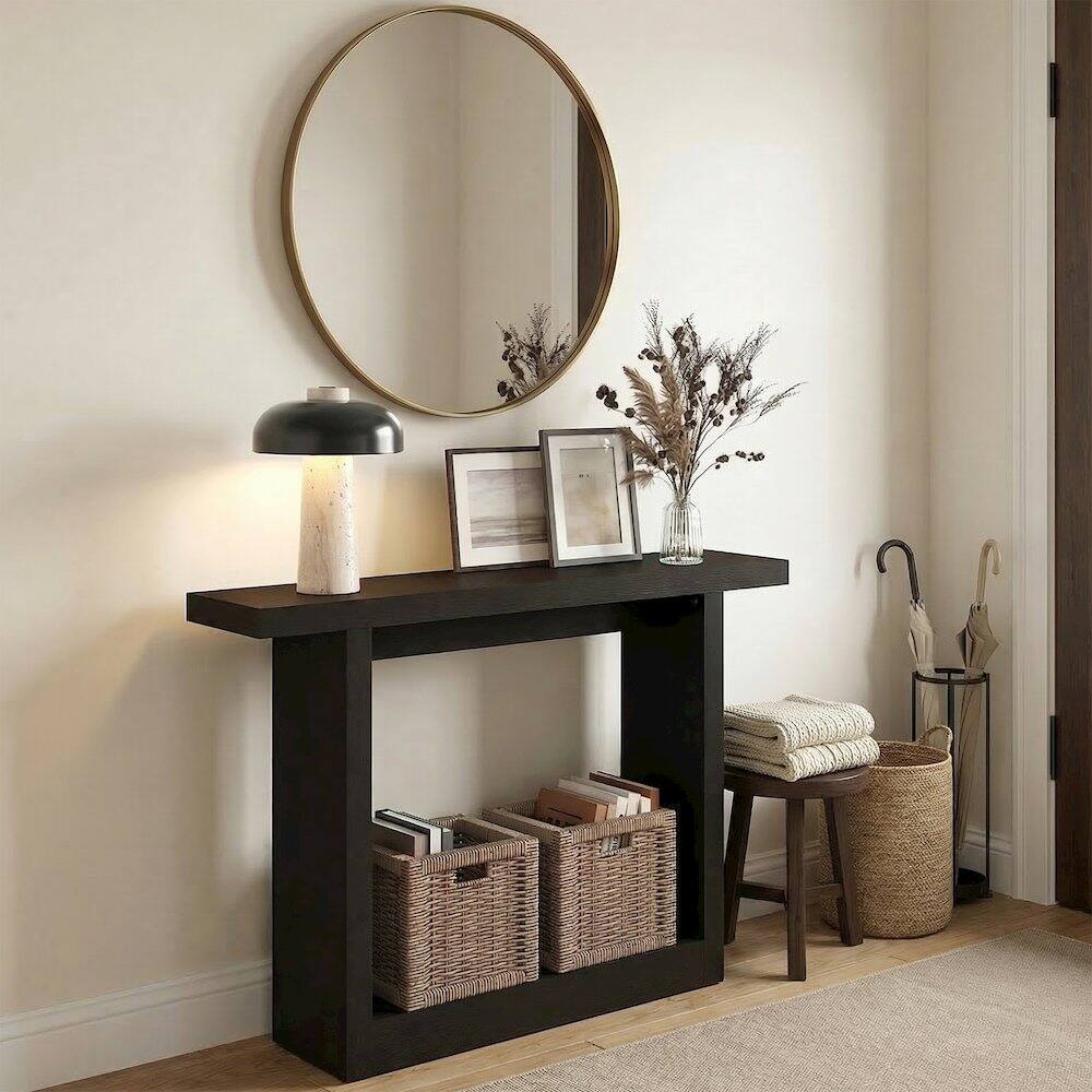 Angle. Furinno - ARA Entryway Table 47-Inch, Narrow Farmhouse Console Table, Sofa Table, Couch Table Behind Sofa, Entryway Table - Black Dark Oak.