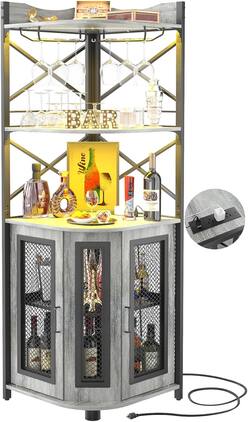 Aheaplus - Industrial 5-Tiers Corner Bar/Wine/Liquor Cabinet with Power Outlet, LED Strip & Glass Holder for Home Small Space - White Oak