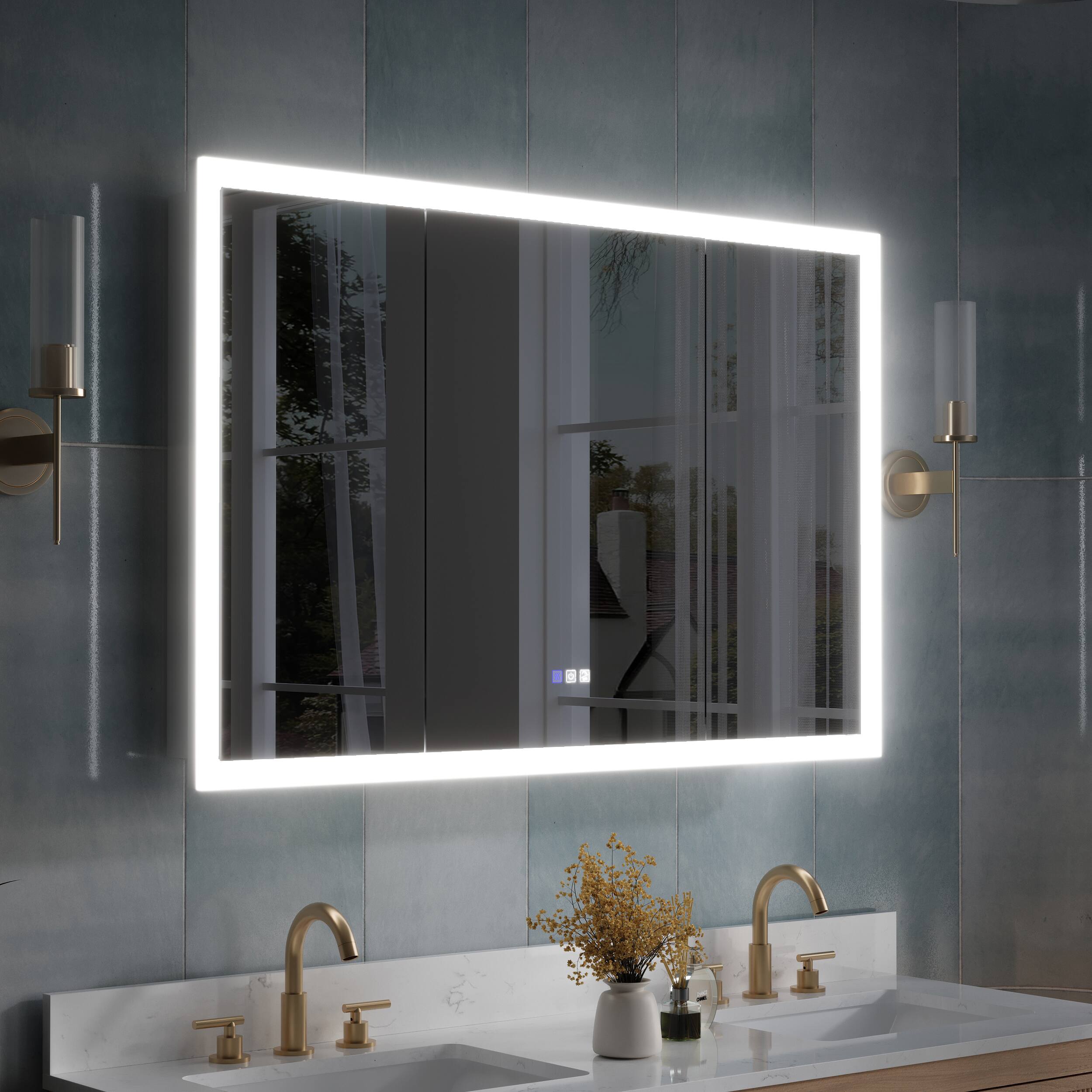 Angle. WELLFOR - 48 in. W x 32 in. H Rectangular Surface or Recessed Mount Aluminum Medicine Cabinet with Mirror - Silver.
