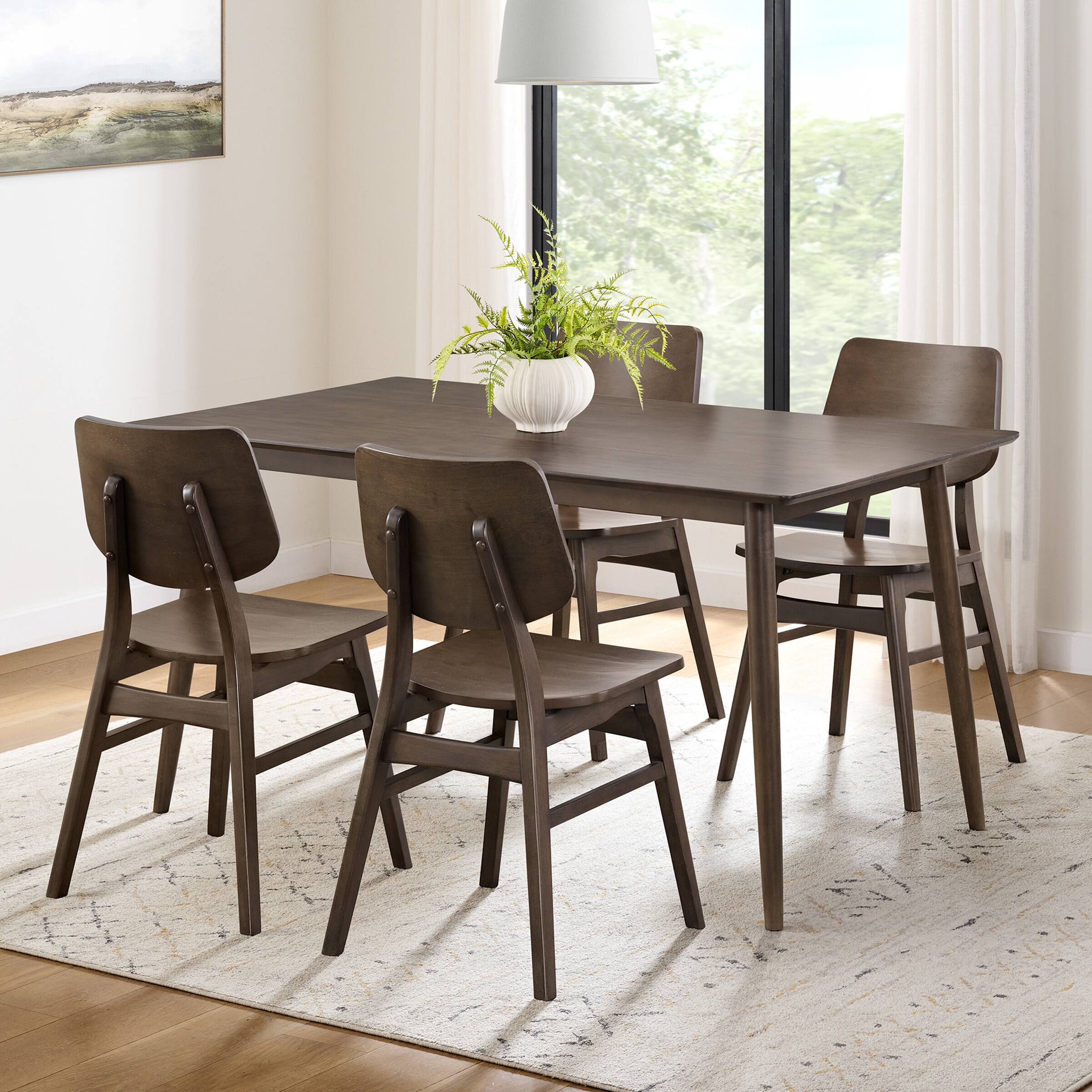 Alt View 1. Alaterre Furniture - 59 in. Pine Wood Mid Century Modern Dining Table with Set of 4 Rubber Wood Chairs - Warm Pecan.