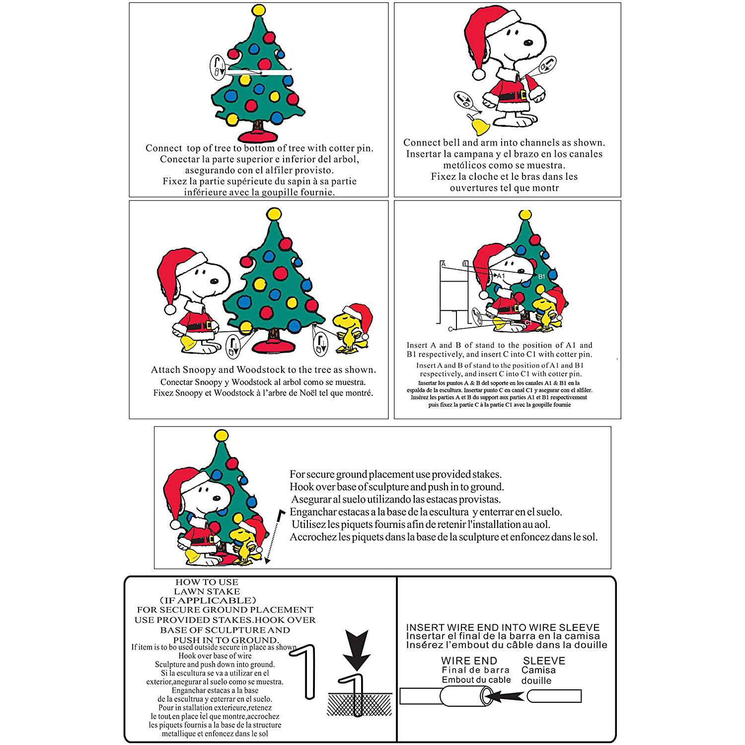 **Connect top of tree to bottom of tree with cotter pin.**
- Conecta la parte superior e inferior del árbol, asegurando con el alfiler provisto.
- Fixez la partie supérieure du sapin à sa partie inférieure avec la goupille fournie.

**Connect bell and arm into channels as shown.**
- Insertar la campana y el brazo en los canales metálicos como se muestra.
- Fixez la cloche et le bras dans les ouvertures que montre.

**Attach Snoopy and Woodstock to the tree as shown.**
- Conectar Snoopy y Woodstock al árbol como se muestra.
- Fixez Snoopy et Woodstock à l'arbre de Noël comme montre.

**Insert A and B of stand to the position of A1 and B1 respectively, and insert C into C1 with cotter pin.**
- Inserte A y B del soporte en la posición de A1 y B1 respectivamente, e inserte C en C1 con el alfiler.
- Insérez A et B du support dans les positions de A1 et B1 respectivement, et insérez C dans C