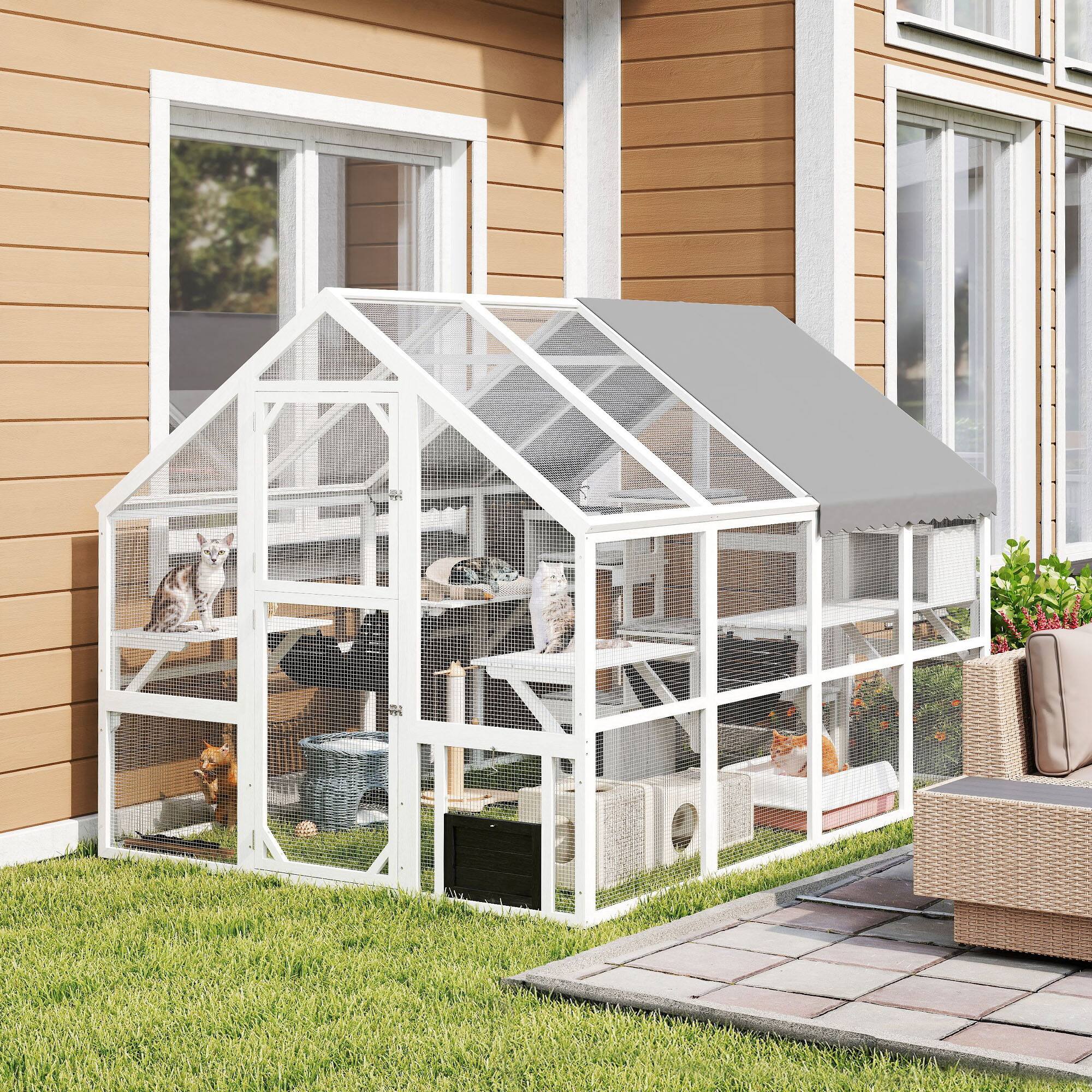 Angle. Pawhut - Large Catio Outdoor Enclosure, for Multiple Kittens, Waterproof Cover, 2 Condos, 6 Platforms, 110"x73"x74".