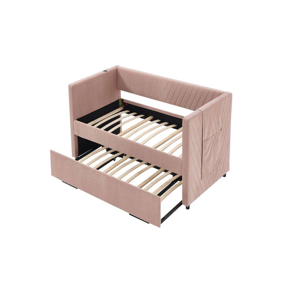 Alt View 9. Kadyn - Twin Upholstered Daybed with Trundle, USB Port & Side Pockets, Modern V-Grain Backrest, No Box Spring - Pink.