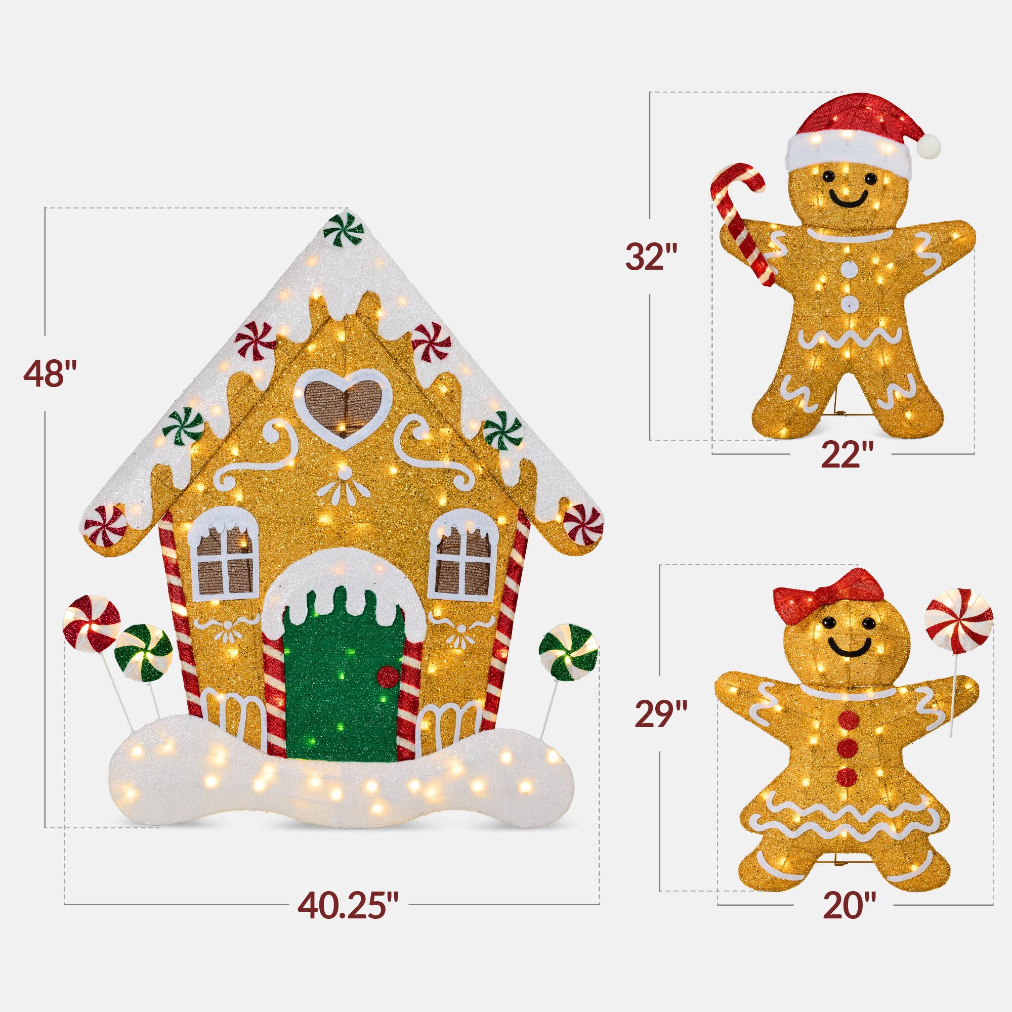 - 48" (height of the gingerbread house)
- 40.25" (width of the gingerbread house)
- 32" (height of the gingerbread man with Santa hat)
- 22" (width of the gingerbread man with Santa hat)
- 29" (height of the gingerbread man with bow)
- 20" (width of the gingerbread man with bow)