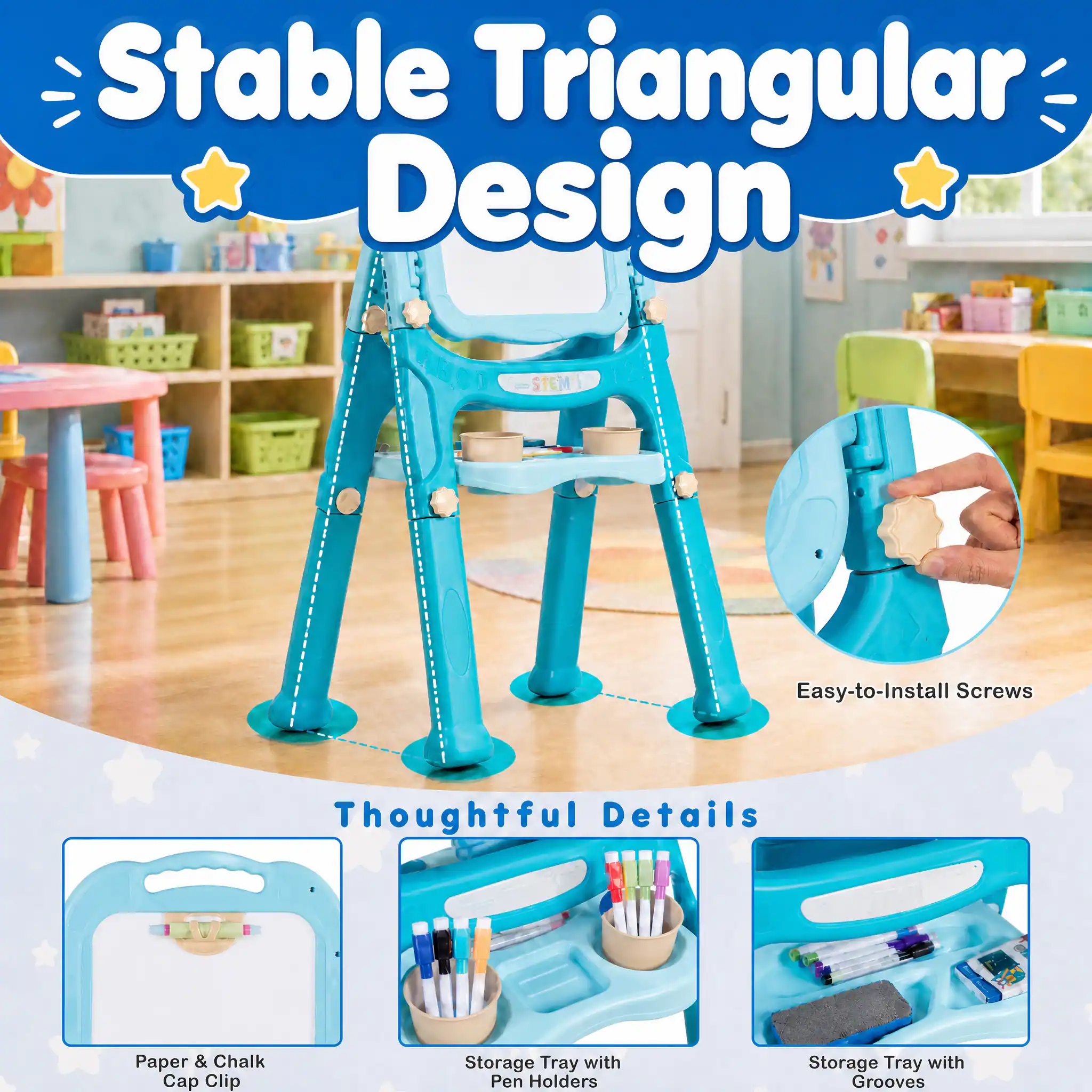 Stable Triangular Design

STEMPLA

Easy-to-Install Screws

Thoughtful Details

Paper & Chalk Cap Clip

Storage Tray with Pen Holders

Storage Tray with Grooves
