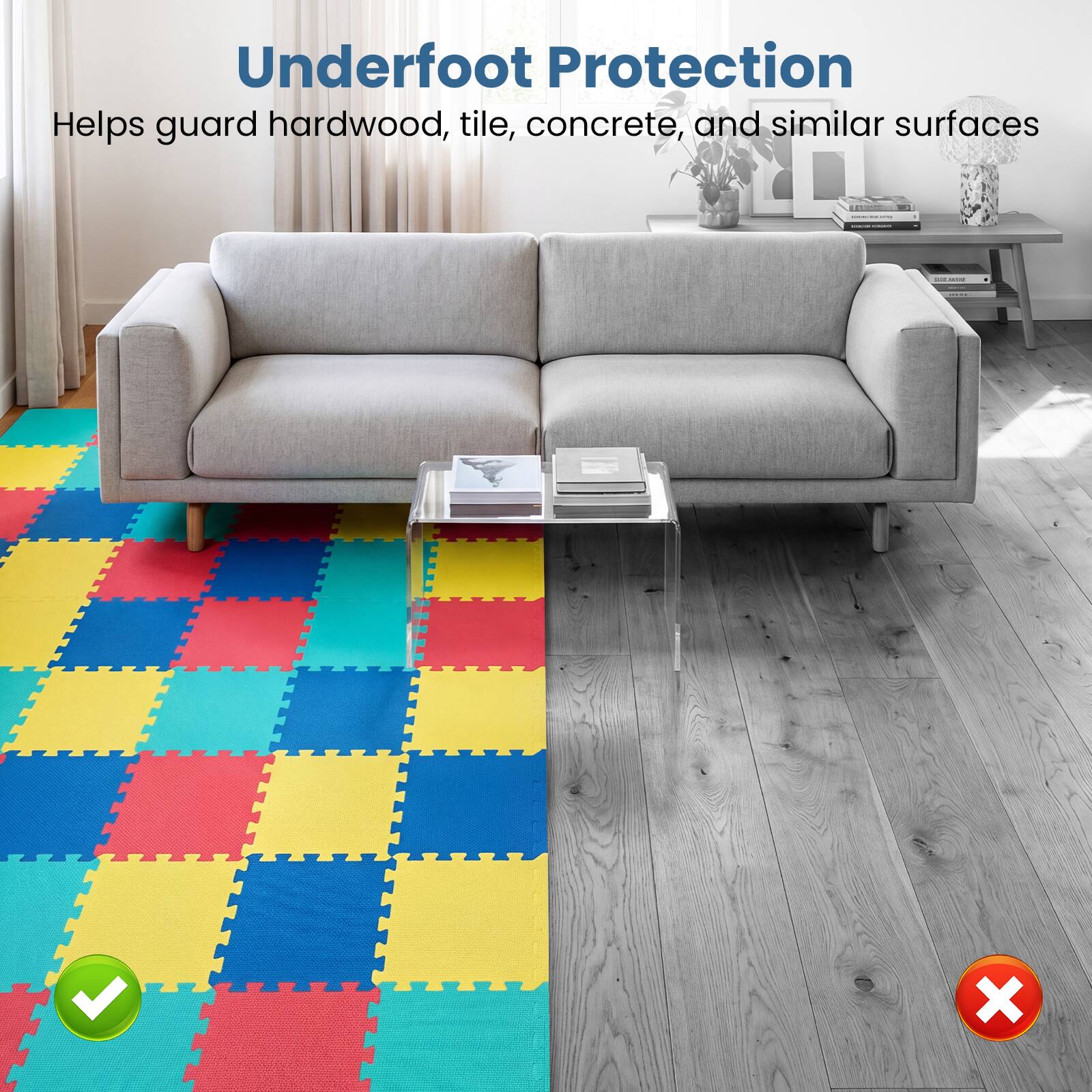 Underfoot Protection Helps guard hardwood, tile, concrete, and similar surfaces