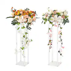 Front. VEVOR - 2PCS 31.5inch High Wedding Flower Stand, With Acrylic Laminate,Acrylic Vase Column Geometric Centerpiece Stands - Gold.