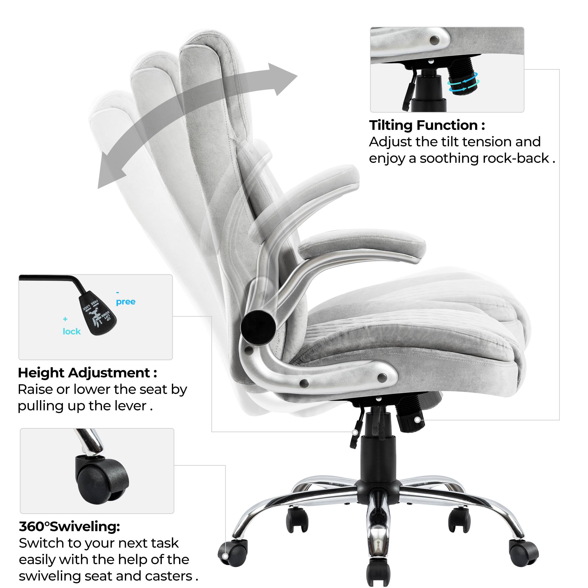 Tilting Function:  
Adjust the tilt tension and enjoy a soothing rock-back.

Height Adjustment:  
Raise or lower the seat by pulling up the lever.

360° Swiveling:  
Switch to your next task easily with the help of the swiveling seat and casters.