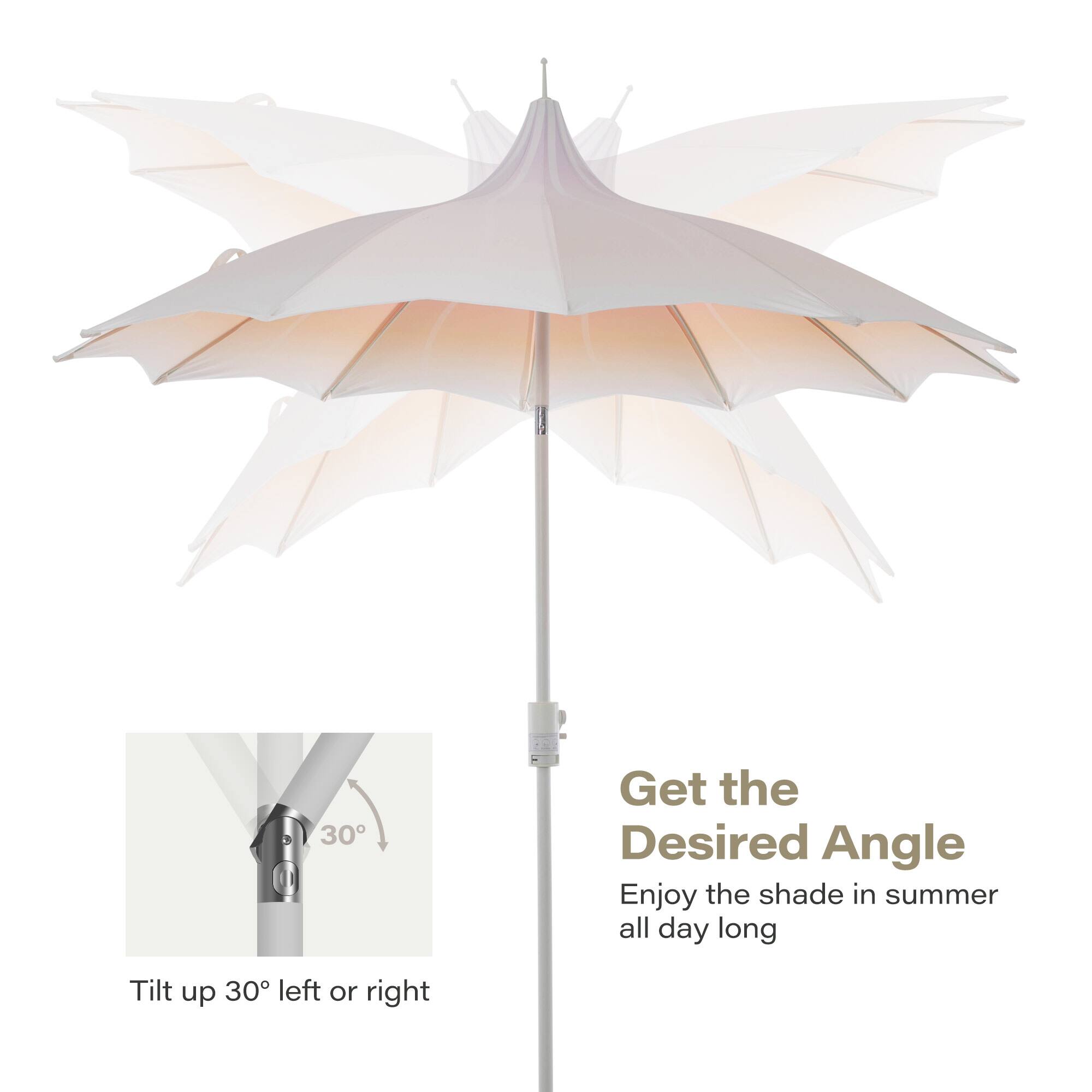 Get the Desired Angle  
Enjoy the shade in summer all day long  
Tilt up 30° left or right
