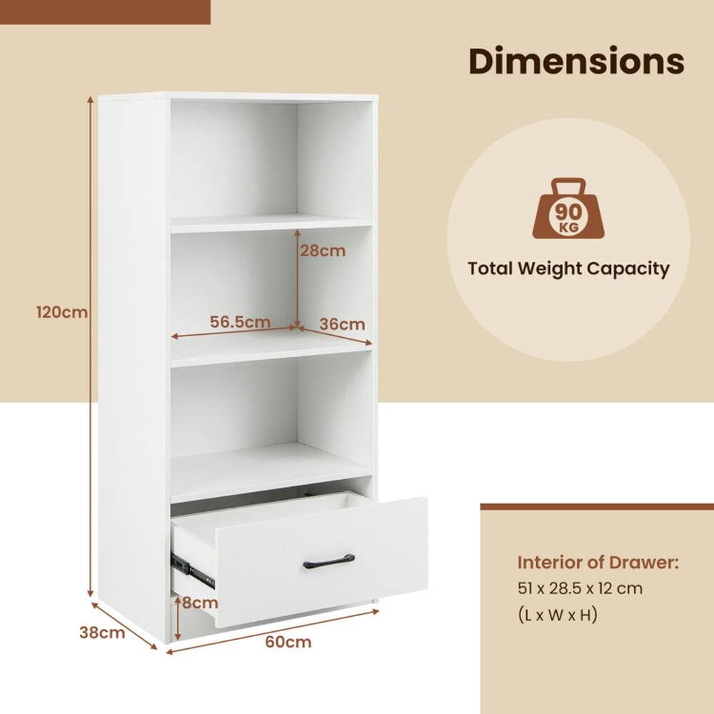 Dimensions:  
- Height: 120 cm  
- Width: 56.5 cm  
- Depth: 38 cm  
- Shelf Height: 28 cm  
- Drawer Height: 8 cm  
- Drawer Interior: 51 x 28.5 x 12 cm (L x W x H)  

Total Weight Capacity: 90 KG
