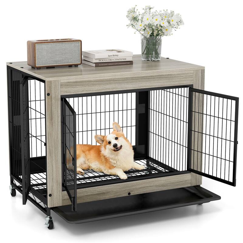 Front. WELLFOR - Wooden Dog Crate Furniture with Flip-up Top & 3 Lockable Doors, Heavy Duty Dog Cage Dog Kennel with Removable Tray - Gray.