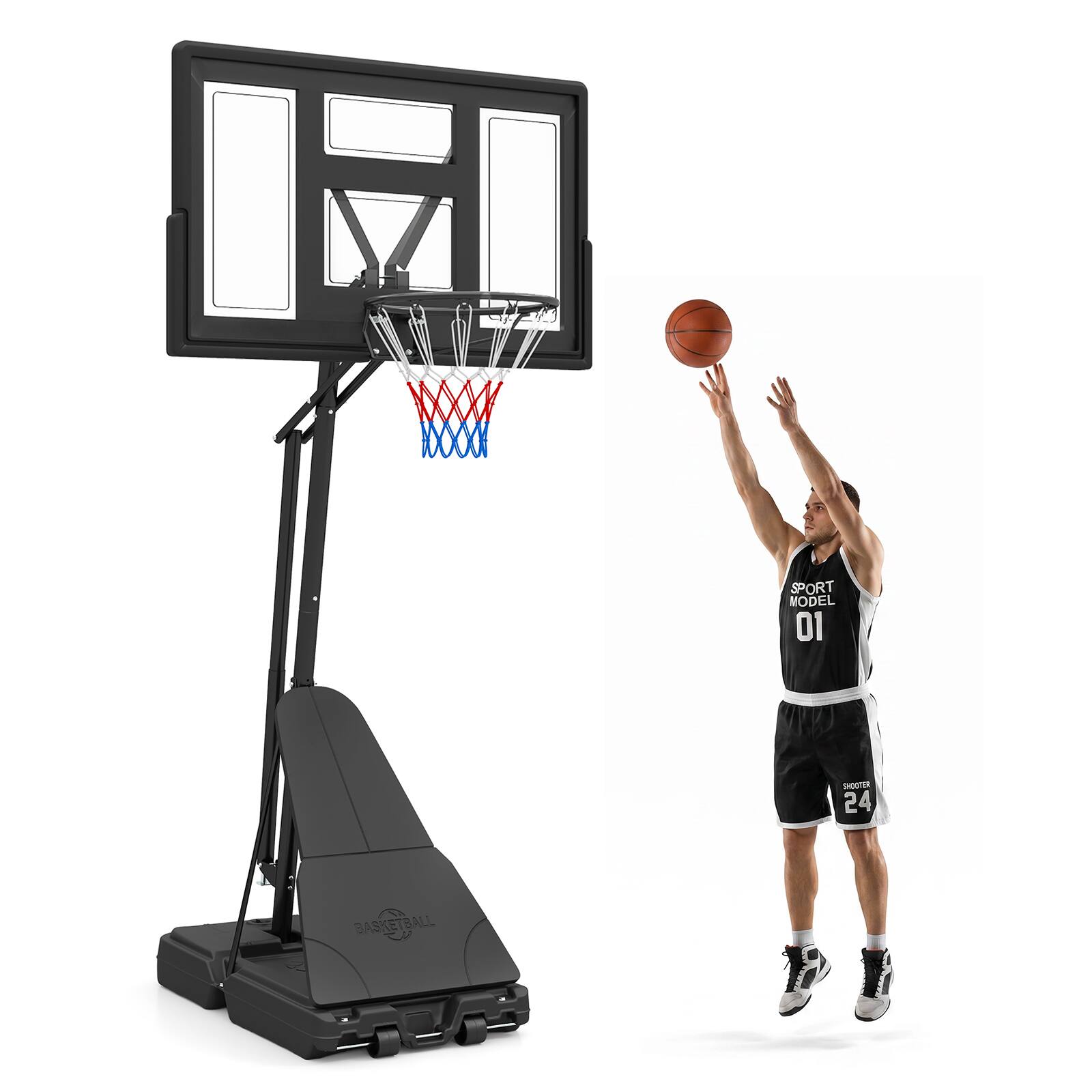 GOPLUS - 7.7-10 FT Tool-Free Height Adjustable Basketball Goal System with 43" PC Backboard - Black