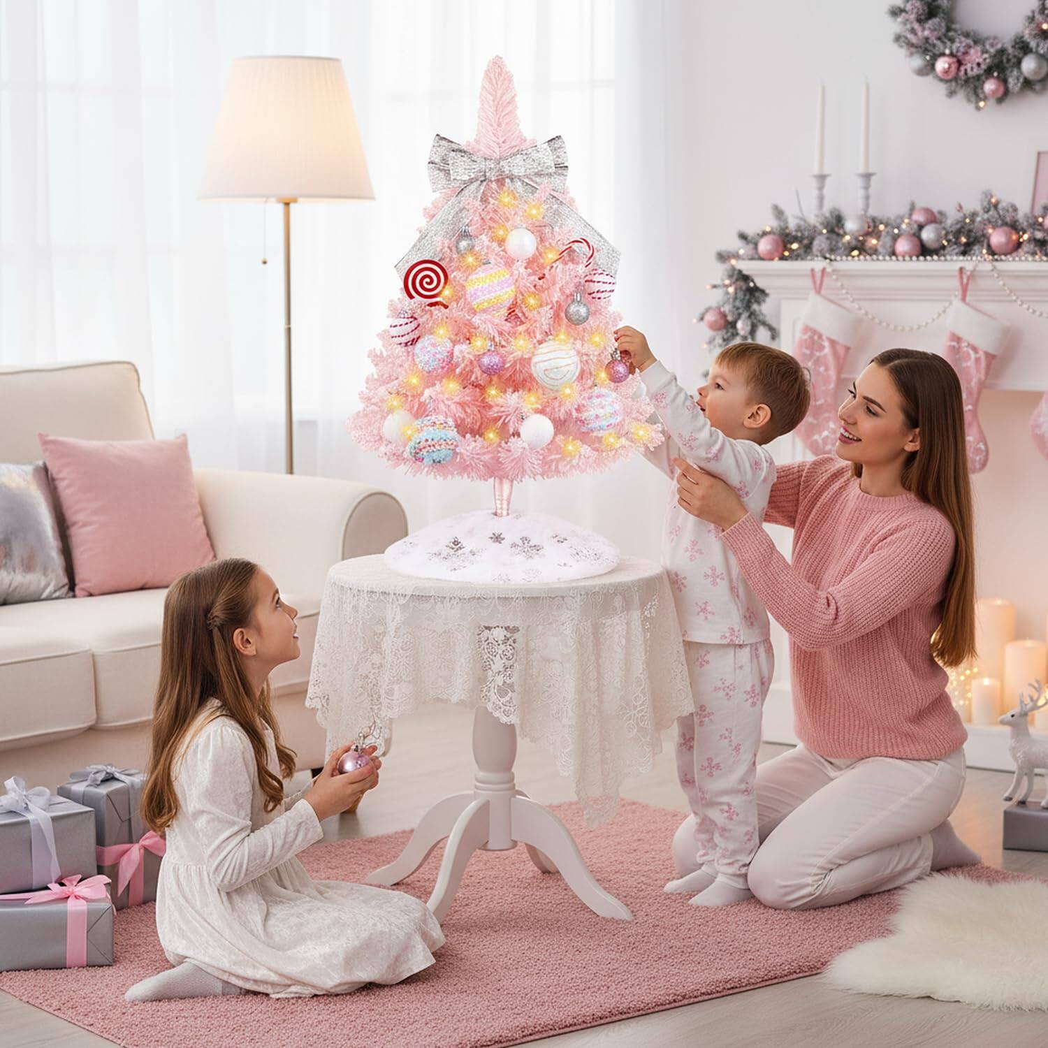 Alt View 3. Stylel Star - Mini Pink Christmas Tree with Lights, 2ft Artificial Small Table Top Christmas Tree with Bow, Ball Ornaments and... - Pink.