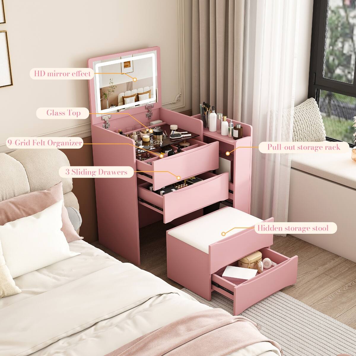 HD mirror effect  
Glass Top  
9 Grid Felt Organizer  
3 Sliding Drawers  
Pull-out storage rack  
Hidden storage stool