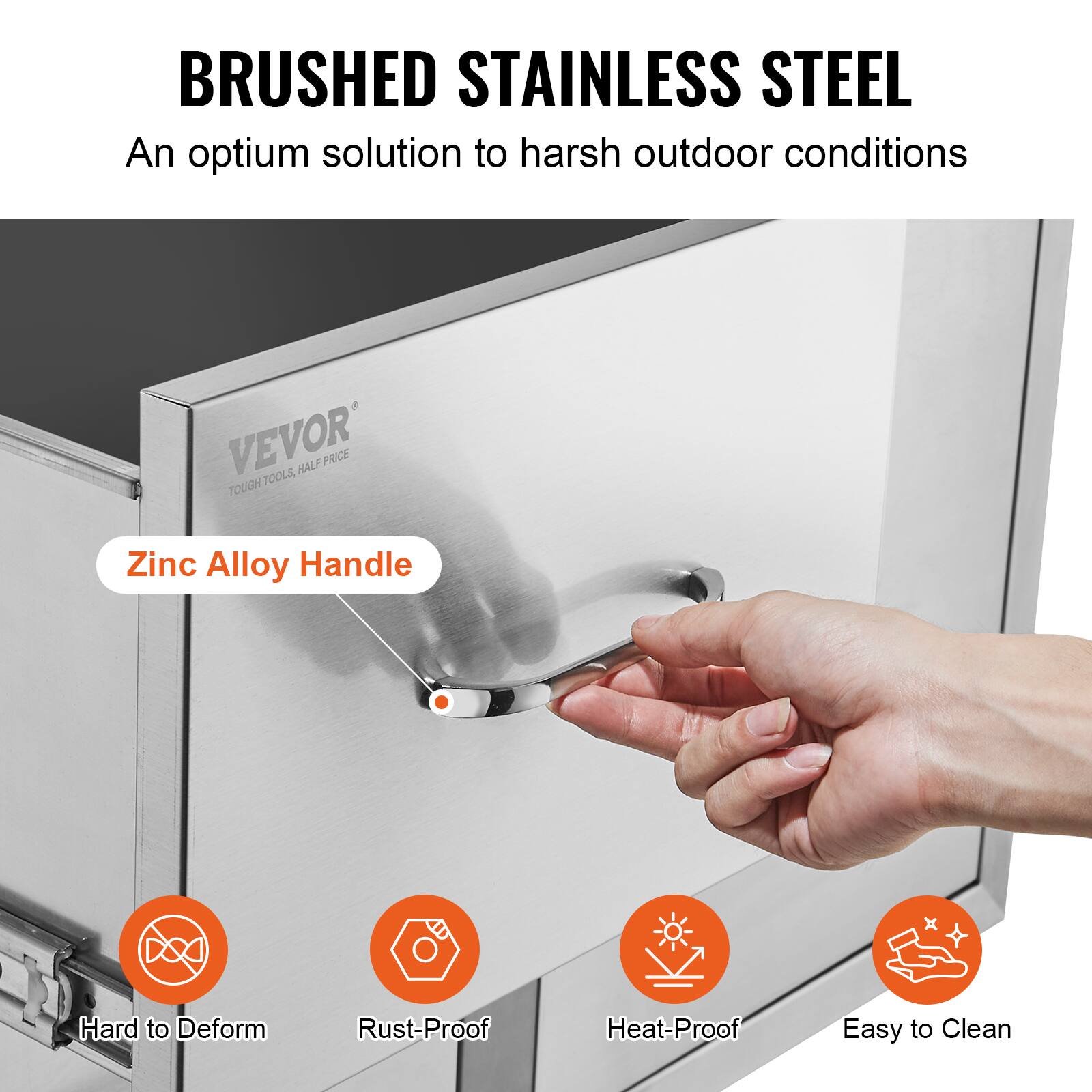 BRUSHED STAINLESS STEEL  
An optimum solution to harsh outdoor conditions  

Zinc Alloy Handle  

Hard to Deform  
Rust-Proof  
Heat-Proof  
Easy to Clean