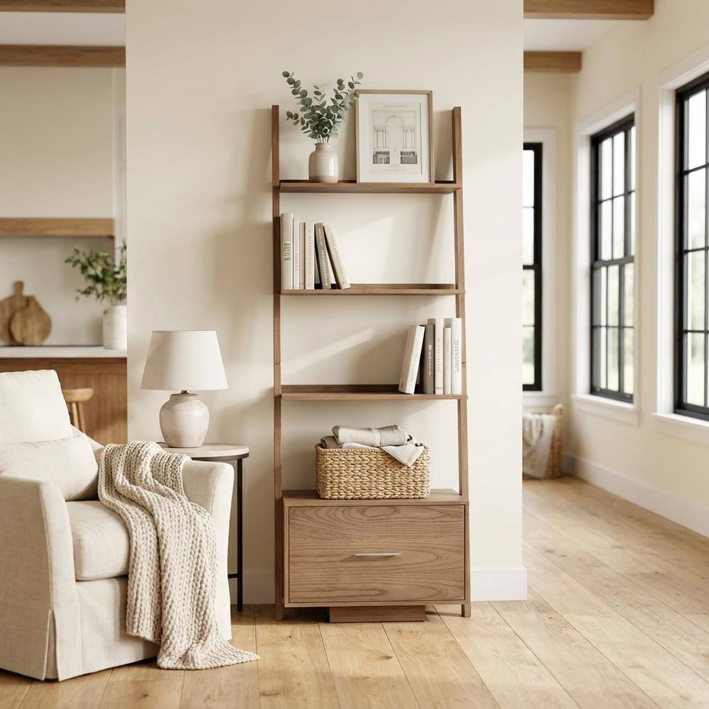 Alt View 1. FurniFact - Ash Veneer Ladder Bookcase with File Drawer for Storage and Organization - Driftwood.