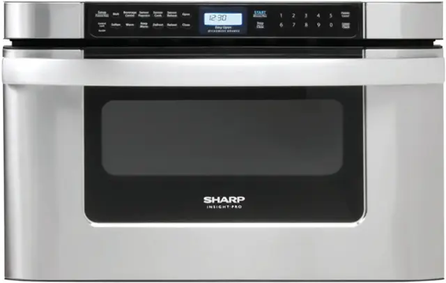 Setup Beverage Sensor Sensor Sensor Meit Open - Center Popcorn Cook Reheat -tal Soften Warm Keep Defrost Reheat Close Lesk Warm OOR 12:30 Easy Open MICROWAVE DRAWER START Ples Stop Clear 1 6 2 7 3 8 4 9 5 0 Power Level Farmer Clock SHARP INSIGHT-PRO