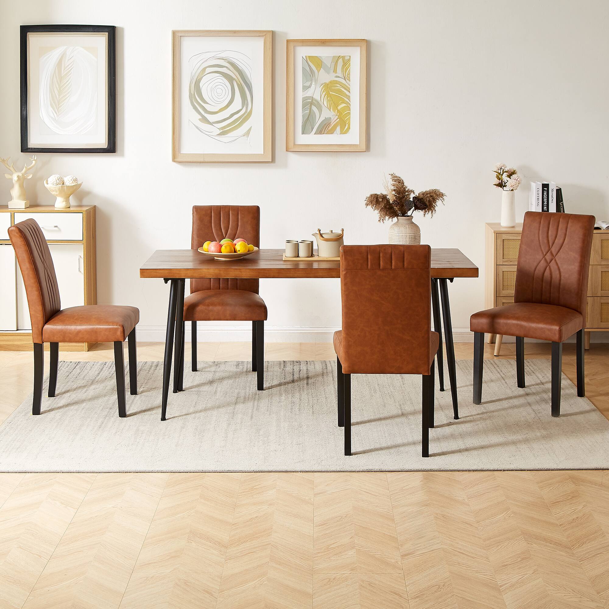 Alt View 4. Vecelo - Set of 4 Upholstered Dining Chairs, Modern Linen Fabric Chair & High Back for Kitchen/Living Room - Brown.