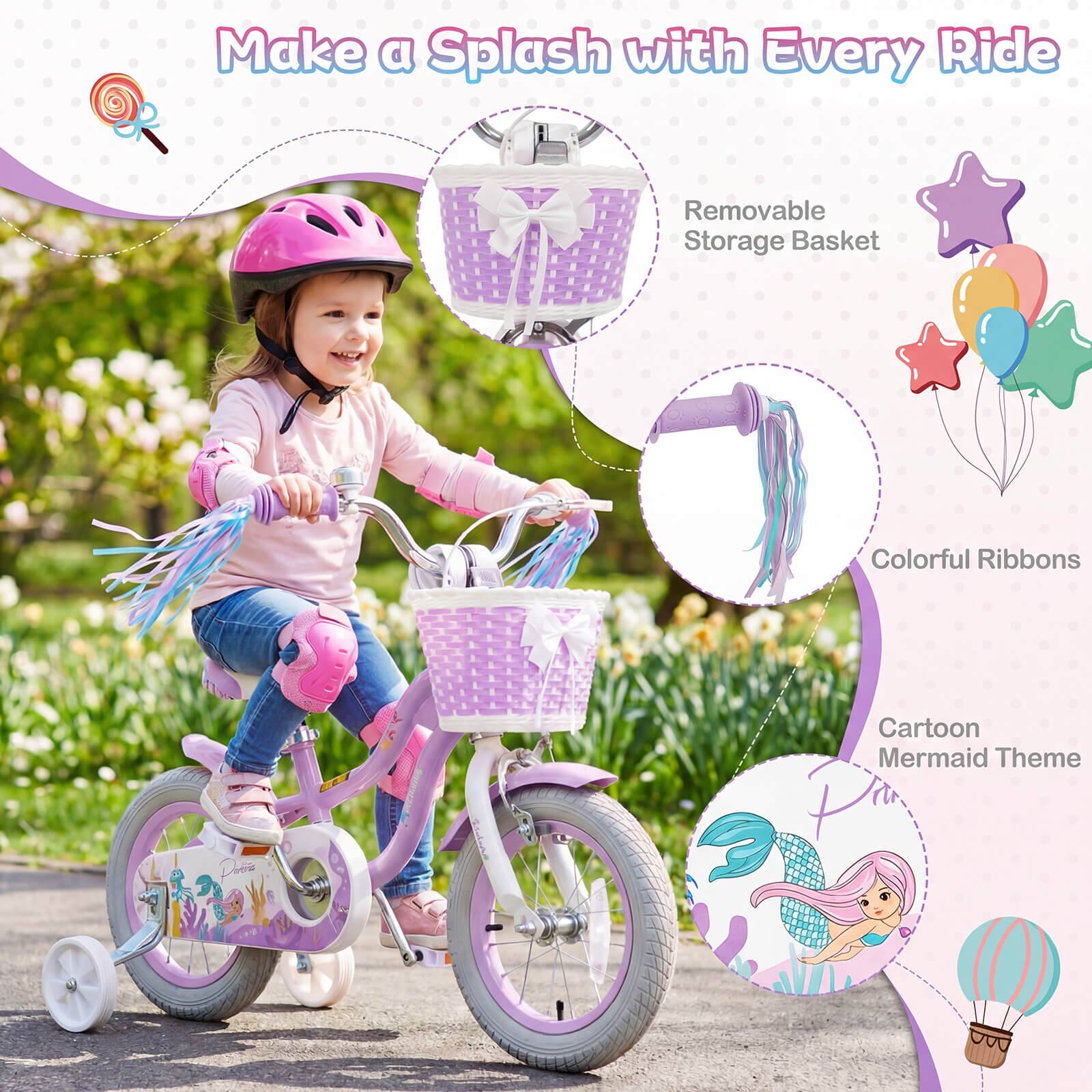 Make a Splash with Every Ride

- Removable Storage Basket
- Colorful Ribbons
- Cartoon Mermaid Theme