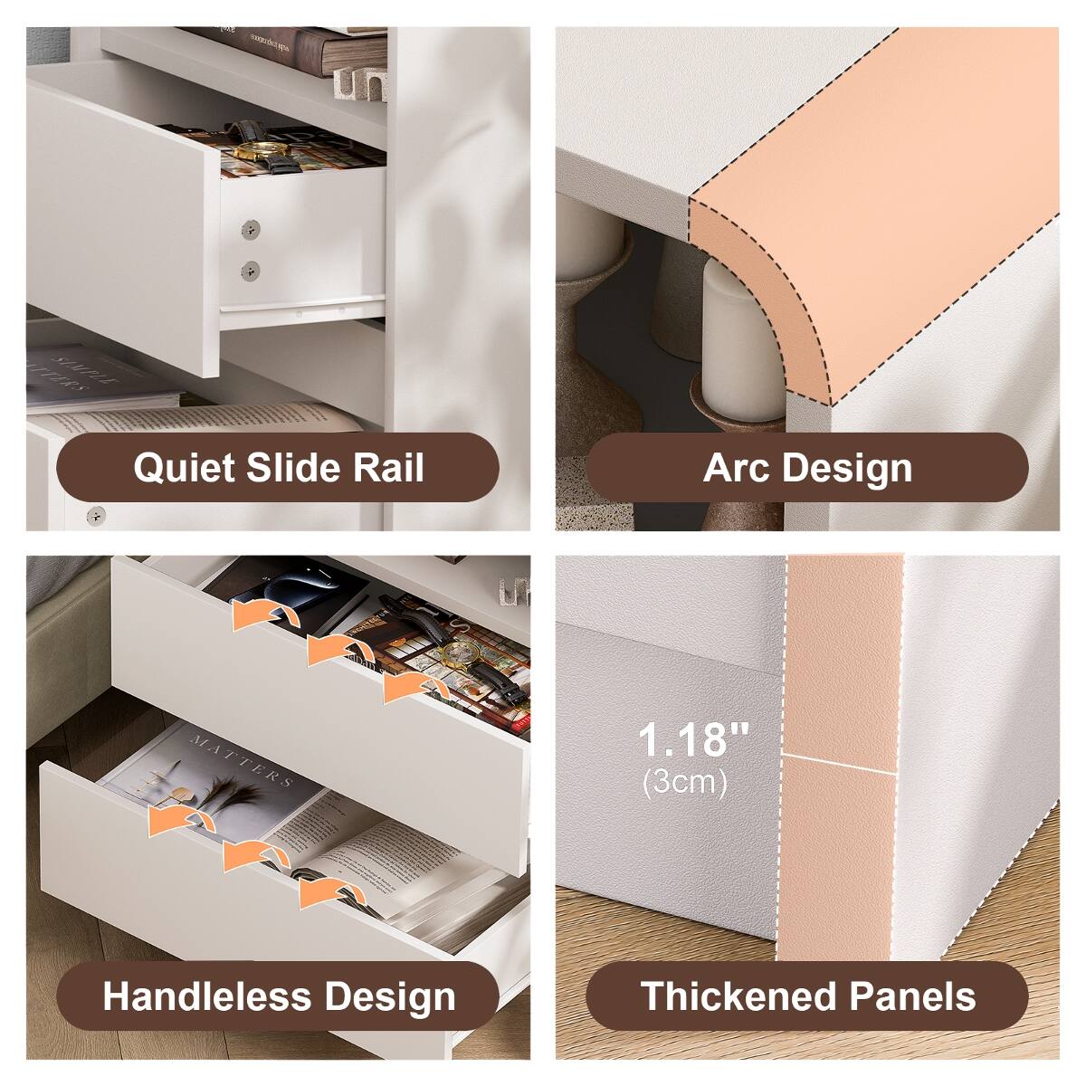 Quiet Slide Rail  
Arc Design  
1.18" (3cm)  
Handleless Design  
Thickened Panels