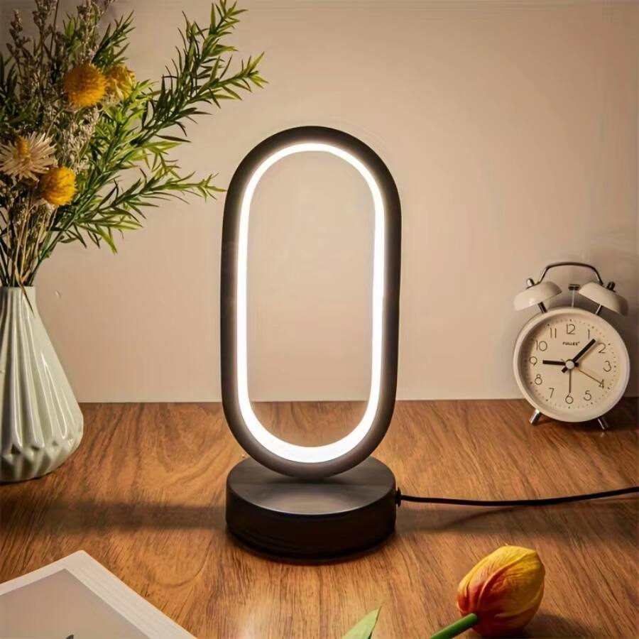 Back. Luckbyte - Circular Metal Art Desk Lamp with 3 Color Lighting & USB Charging Port, Dimmable Minimalist Table Lamp for Home Office.